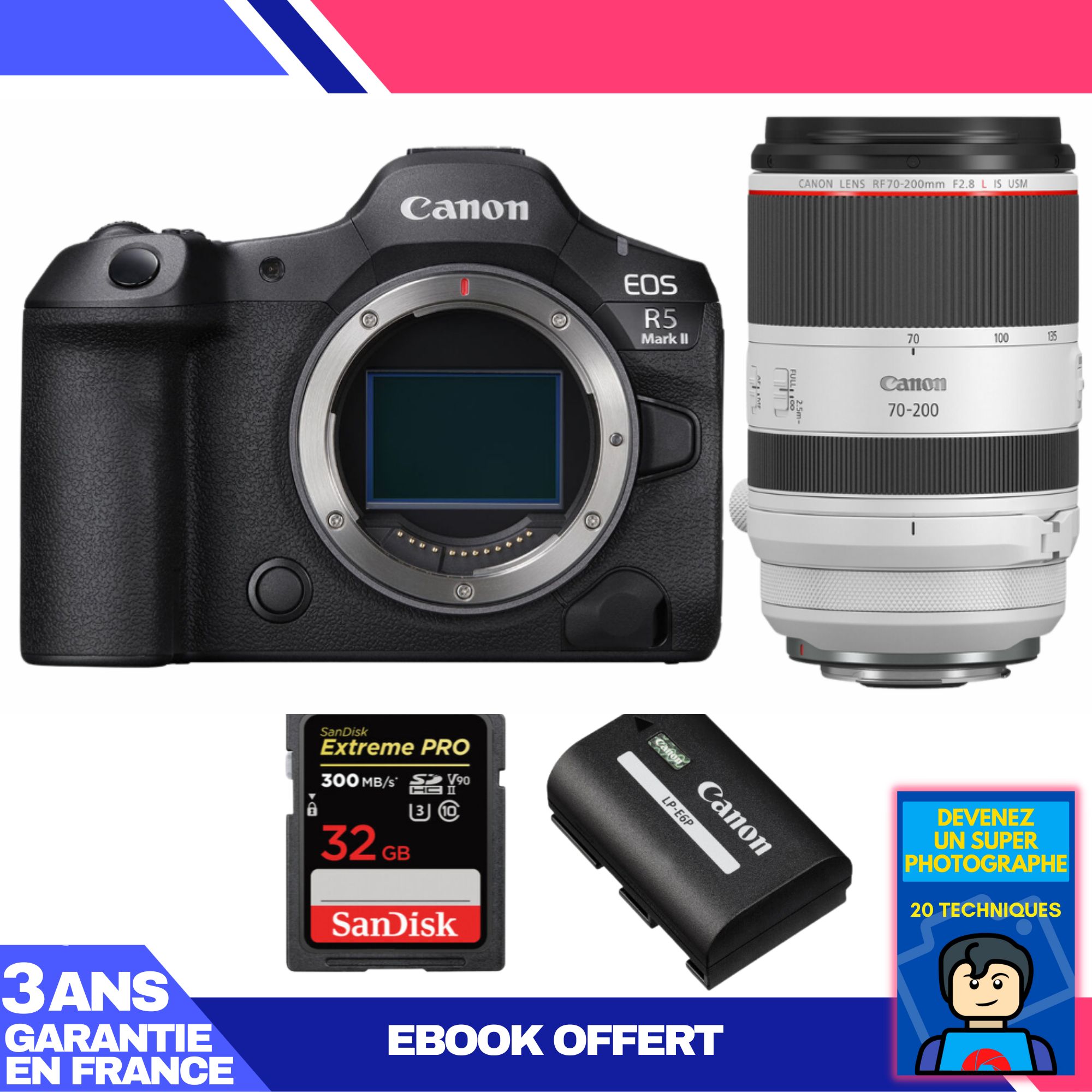 Canon EOS R5 Mark II Camera Kit with RF 70-200mm f/2.8 L IS USM Lens and SanDisk 32GB Extreme PRO SD Card + Charger