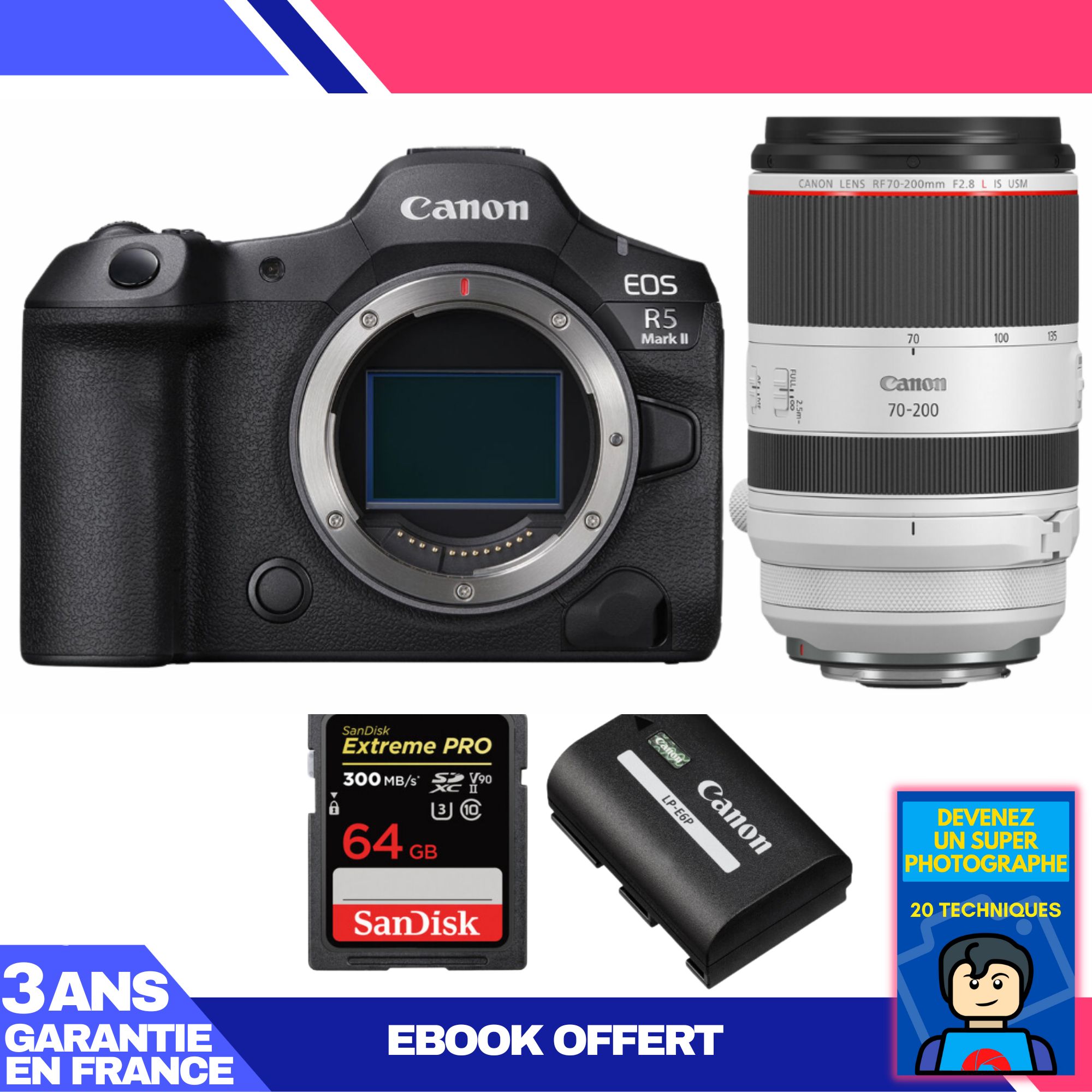 Canon EOS R5 Mark II Camera Kit with RF 70-200mm f/2.8 L IS USM and SanDisk 64GB Extreme PRO SD Card + Canon LP-E6P