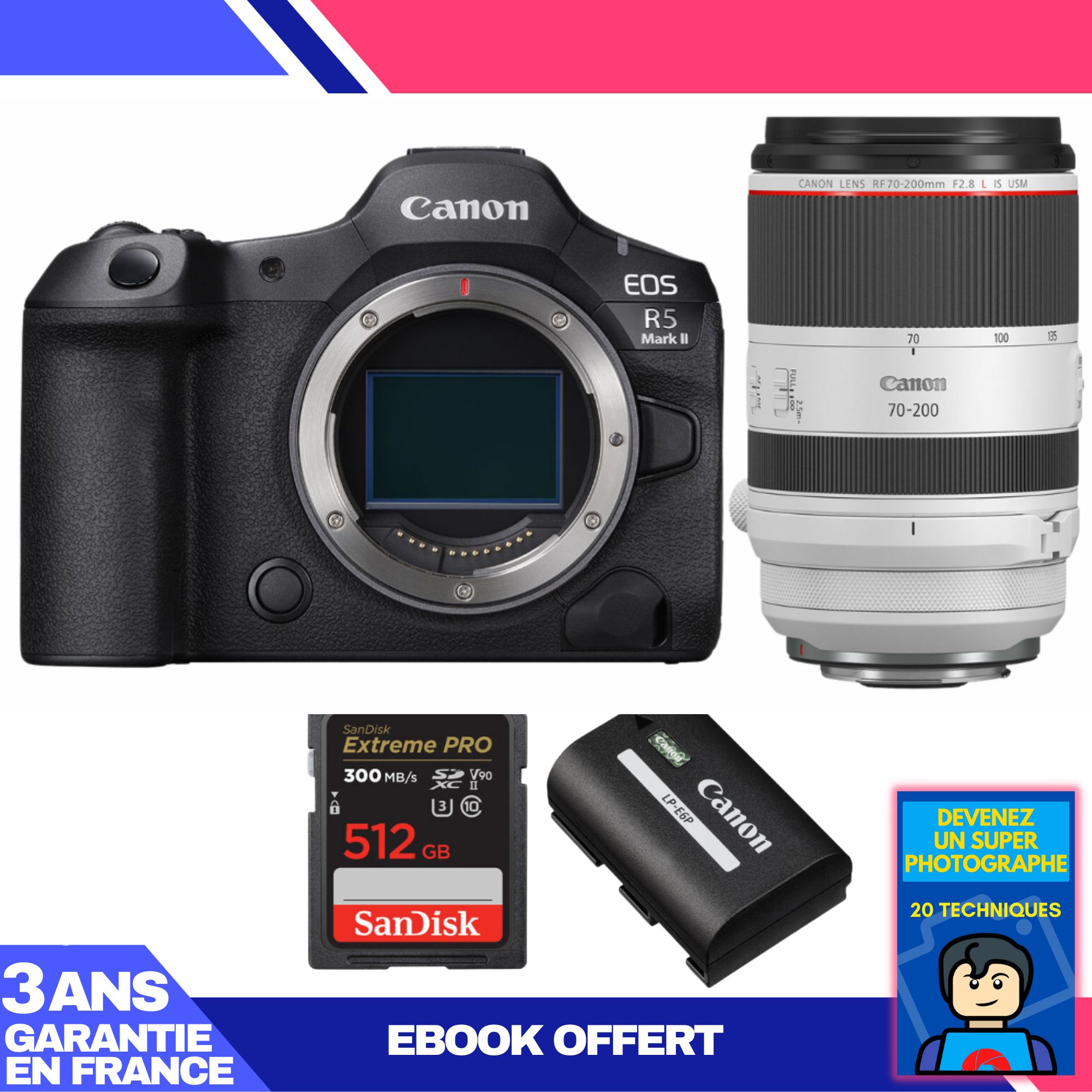 Canon EOS R5 Mark II Camera + RF 70-200mm f/2.8 L IS USM Lens + 1 SanDisk 512GB Extreme PRO UHS-II SDXC Card + 1 Canon LP-E6P