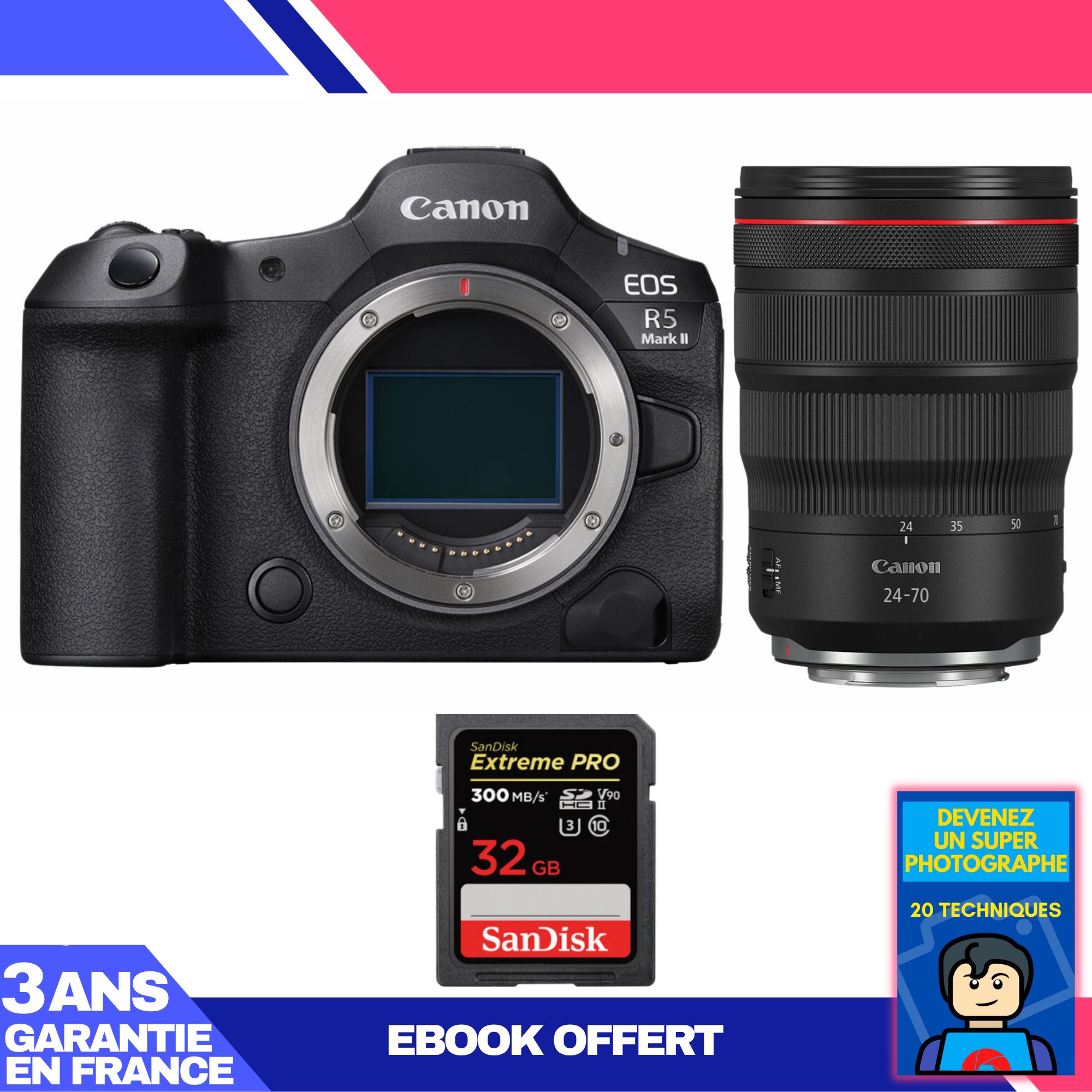 Kit Canon EOS R5 Mark II avec objectif RF 24-70mm f/2,8 L IS USM et carte SD 32 Go SanDisk Extreme PRO + ebook 'Devenez un Super Photographe'