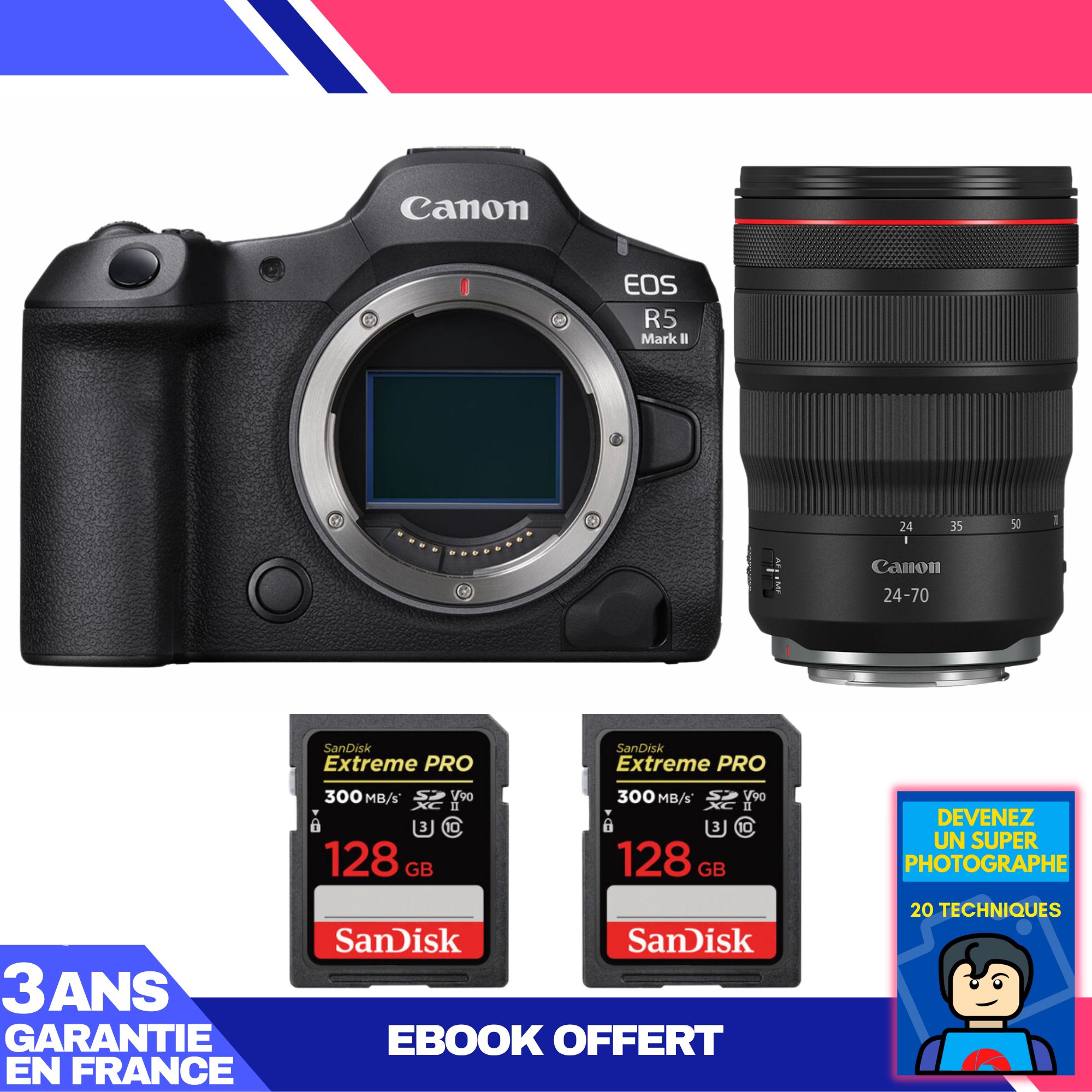Cámara Canon EOS R5 Mark II + objetivo RF 24-70mm f/2.8 L IS USM + 2 tarjetas SanDisk 128GB Extreme PRO UHS-II SDXC 300 MB/s + ebook 'Conviértete en un Fotógrafo Super