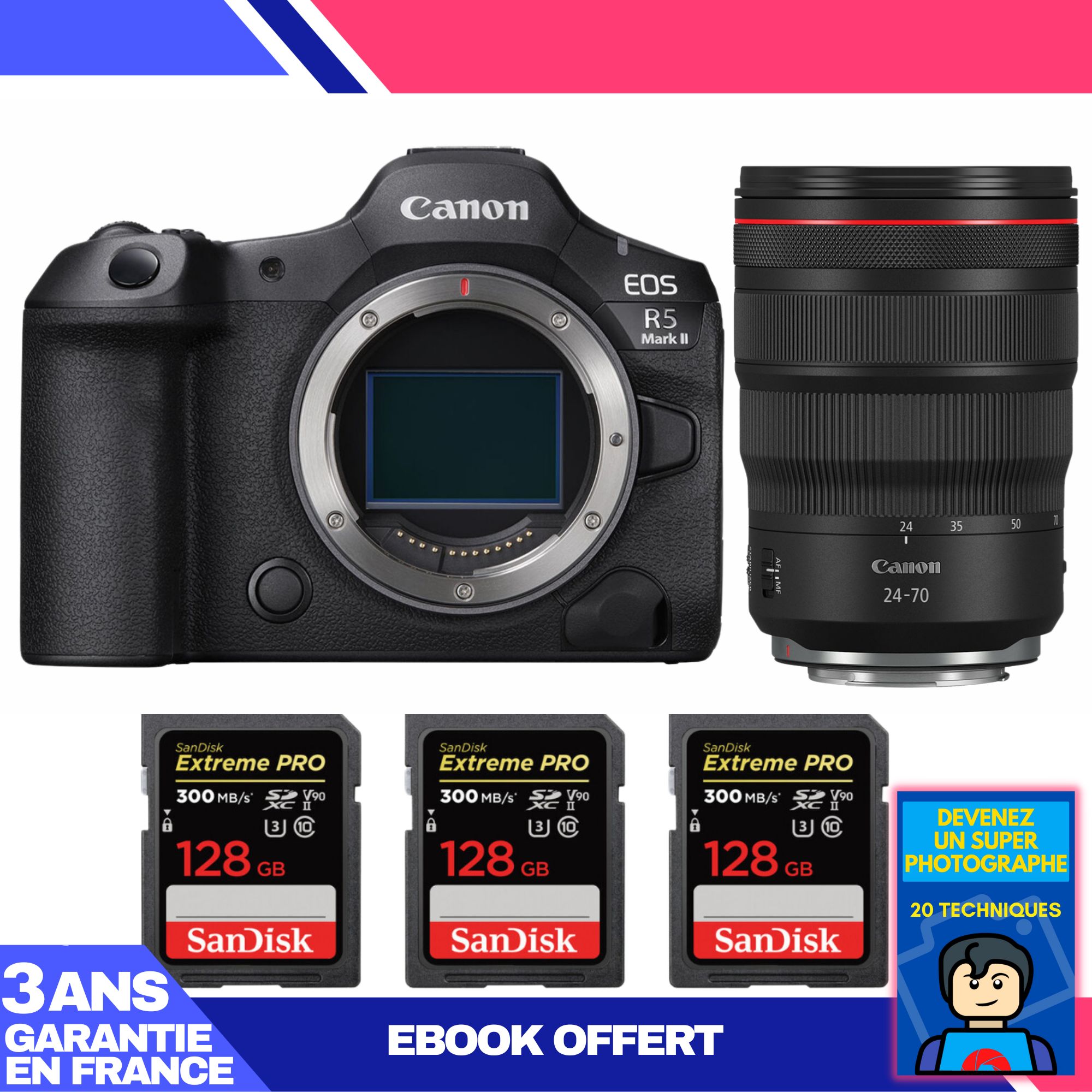 Canon EOS R5 Mark II Camera + RF 24-70mm f/2.8 L IS USM Lens + 3 SanDisk 128GB Extreme PRO SD Cards + 'Become a Super Photographer' Ebook