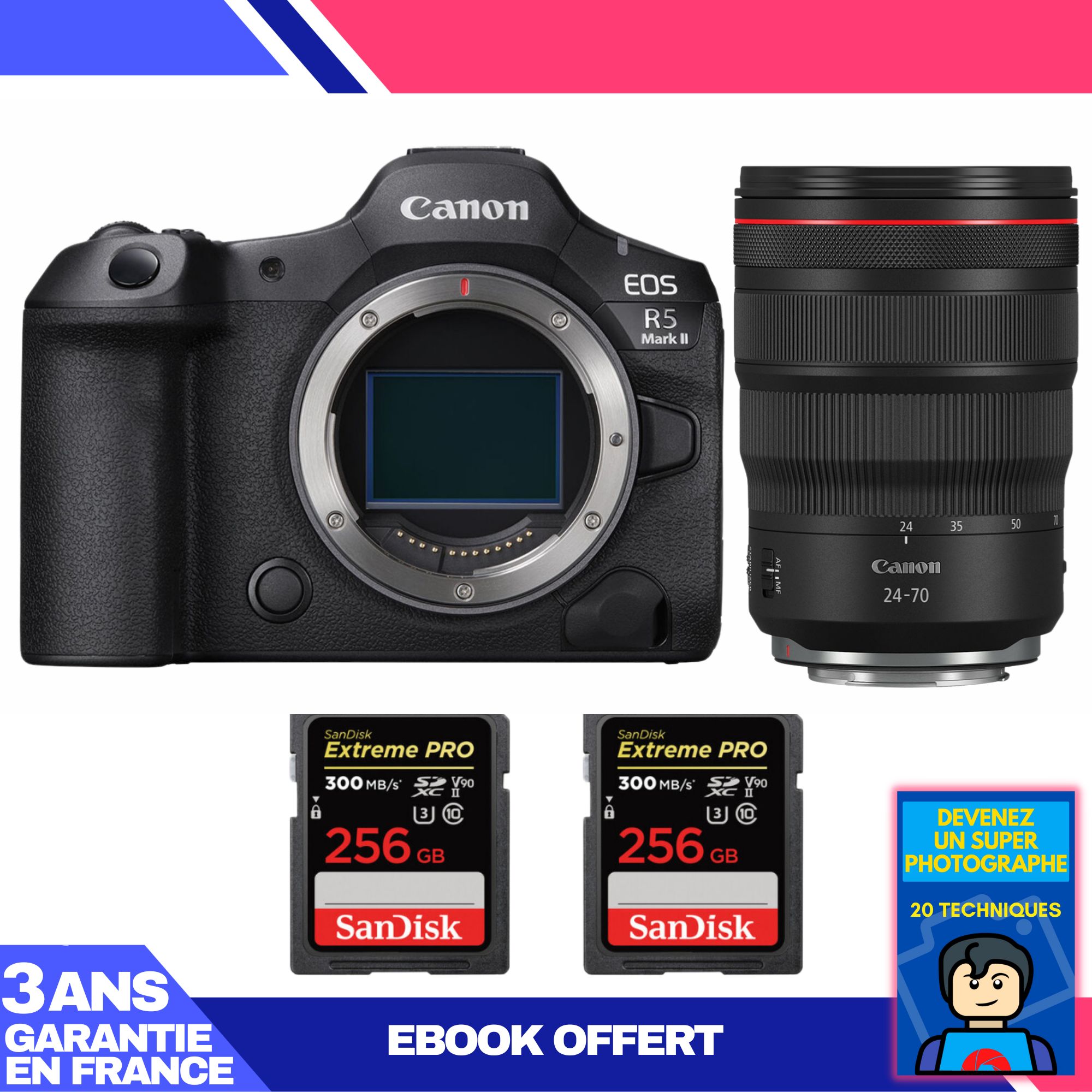 Kit de cámara Canon EOS R5 Mark II con lente RF 24-70mm f/2.8L IS USM + 2 tarjetas SD 256GB SanDisk Extreme PRO