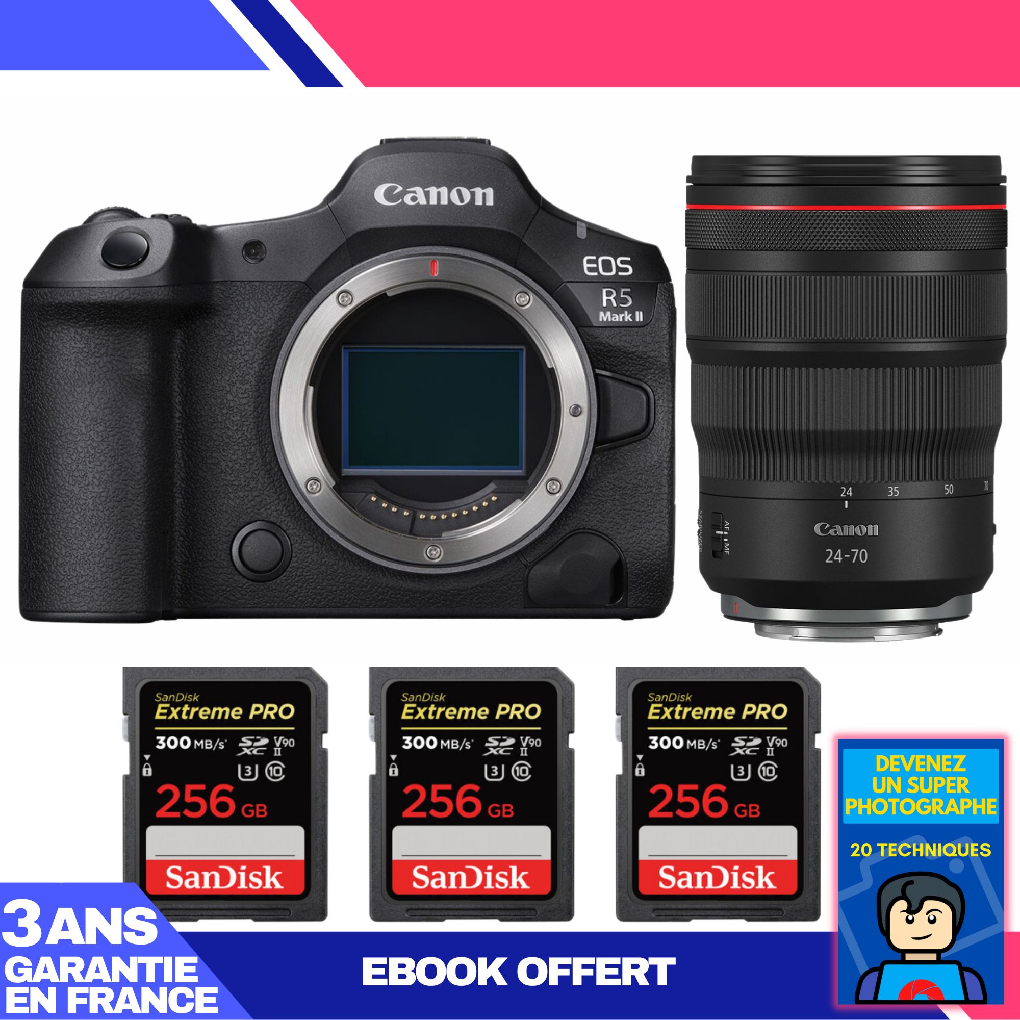 Canon EOS R5 Mark II Camera Kit with RF 24-70mm f/2.8 L IS USM Lens + 3x 256GB SanDisk Extreme PRO SDXC Cards