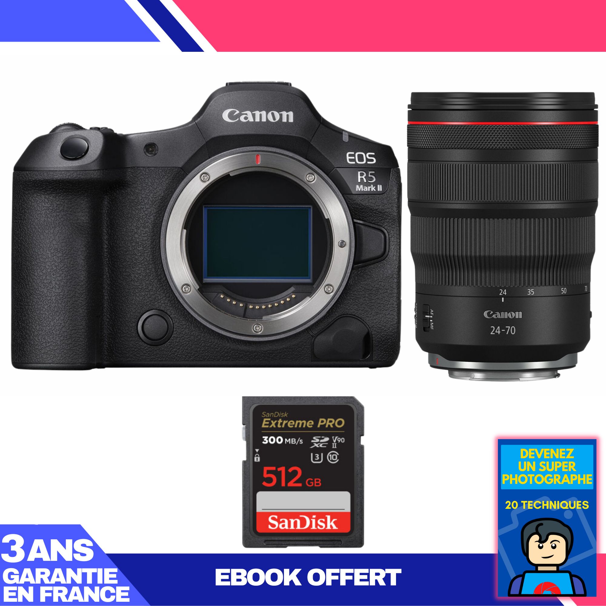 Kit Canon EOS R5 Mark II avec objectif RF 24-70mm f/2,8 L IS USM et carte SD 512 Go SanDisk Extreme PRO + ebook