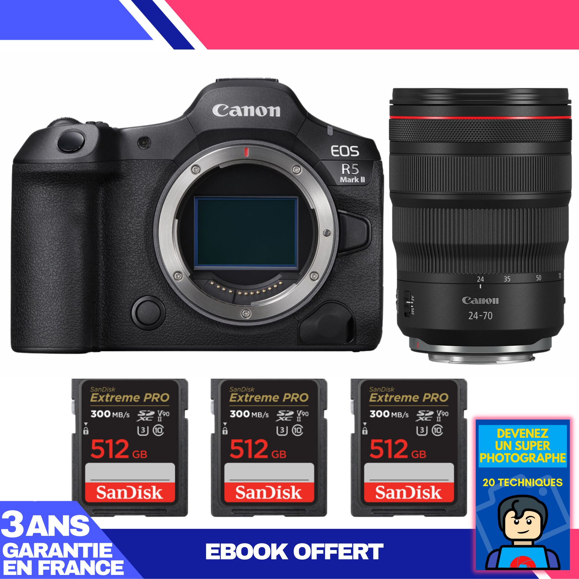 Canon EOS R5 Mark II Camera Kit with RF 24-70mm f/2.8L IS USM Lens + 3x 512GB SanDisk Extreme PRO SDXC Cards