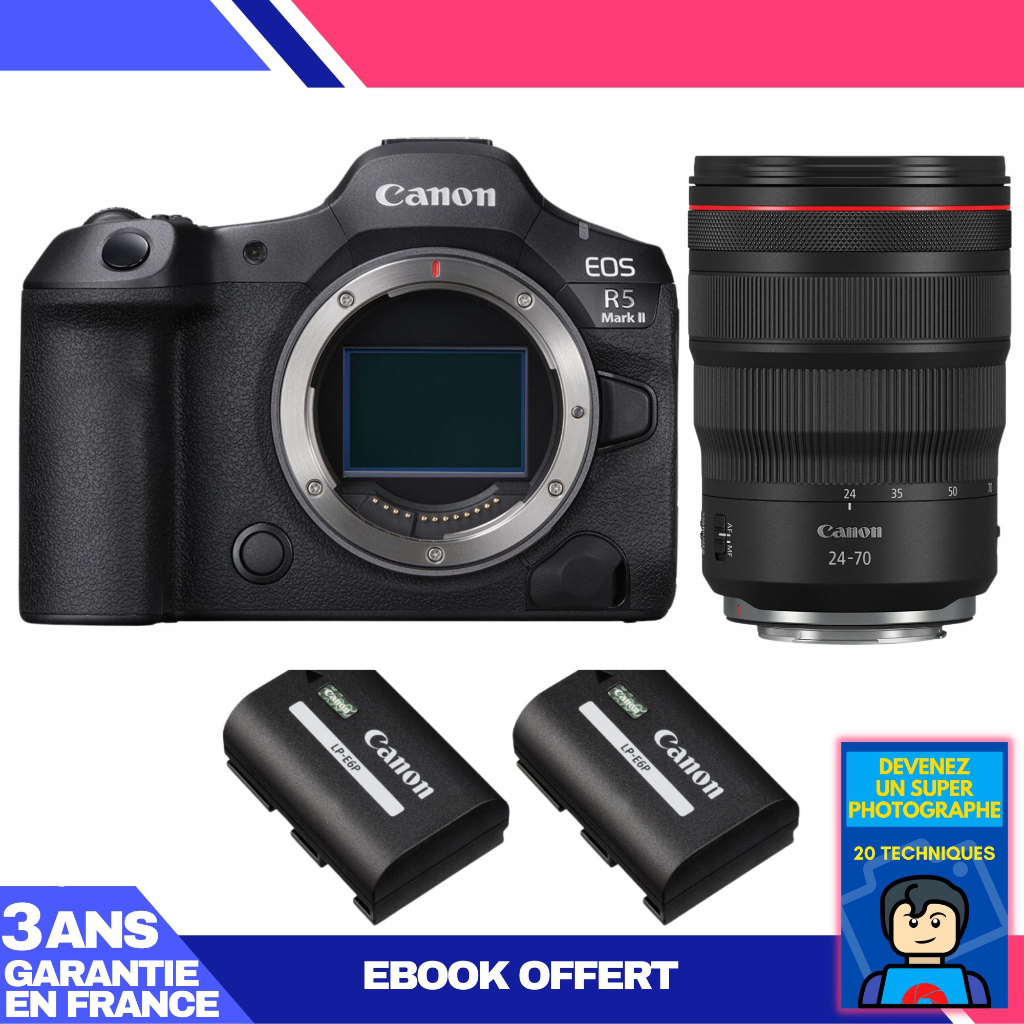 Canon EOS R5 Mark II Camera + RF 24-70mm f/2.8 L IS USM Lens + 2 Canon LP-E6P Batteries + 'Become a Super Photographer' Ebook