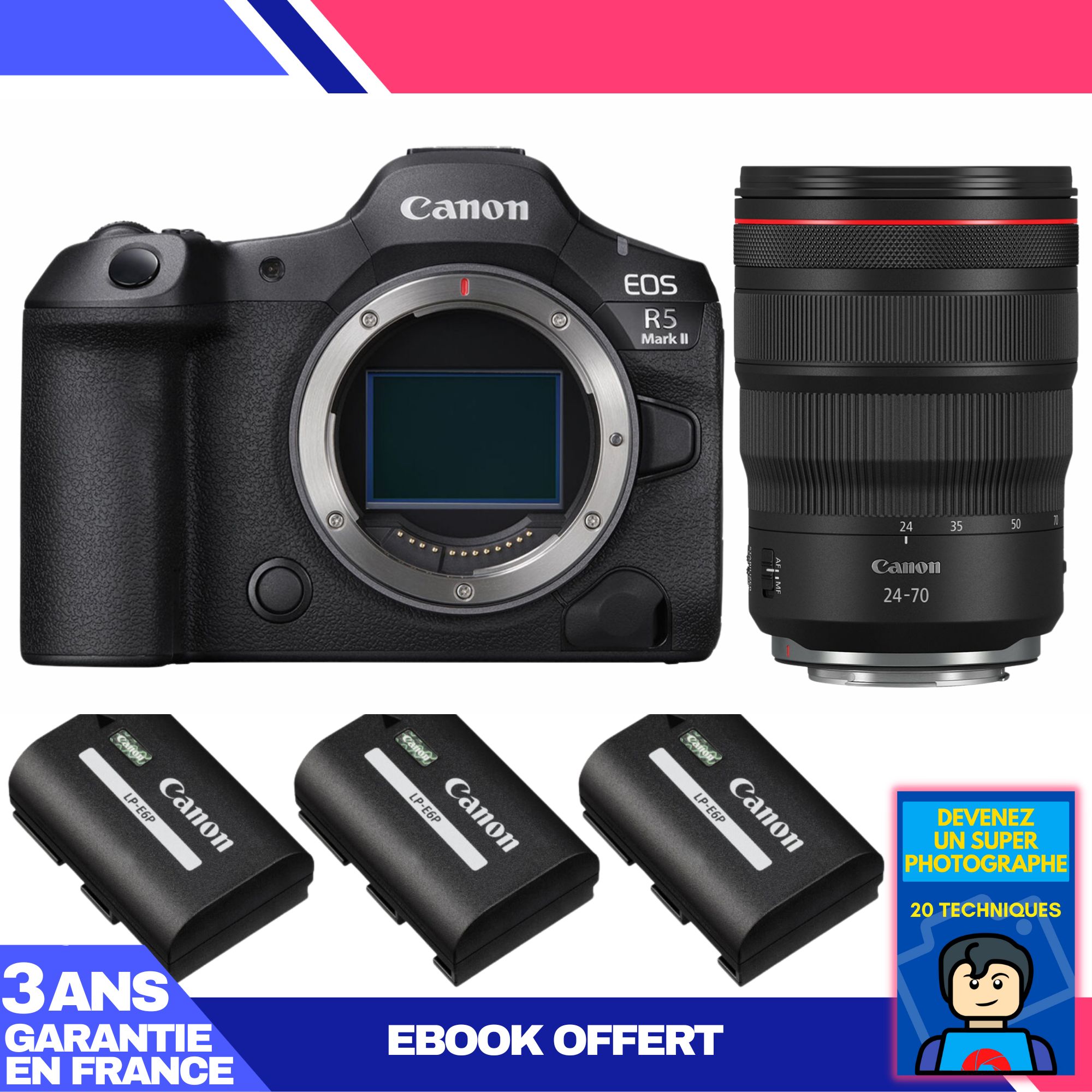 Canon EOS R5 Mark II Camera Kit with RF 24-70mm f/2.8L IS USM Lens + 3 LP-E6P Batteries + 'Become a Super Photographer' Ebook