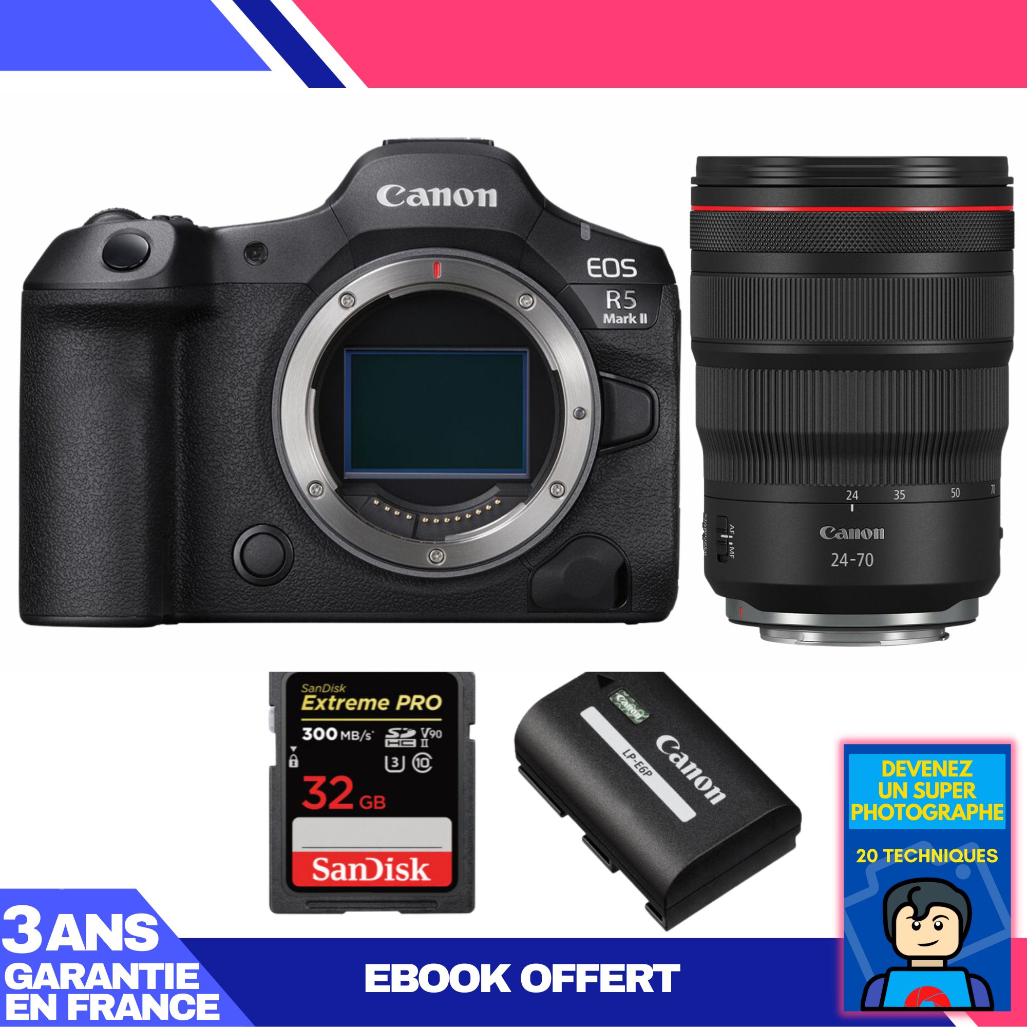 Canon EOS R5 Mark II Camera Kit with RF 24-70mm f/2.8L IS USM Lens + SanDisk 32GB Extreme PRO UHS-II SDXC Card + Canon LP-E6P Battery + Ebook: Become a Super Photographer
