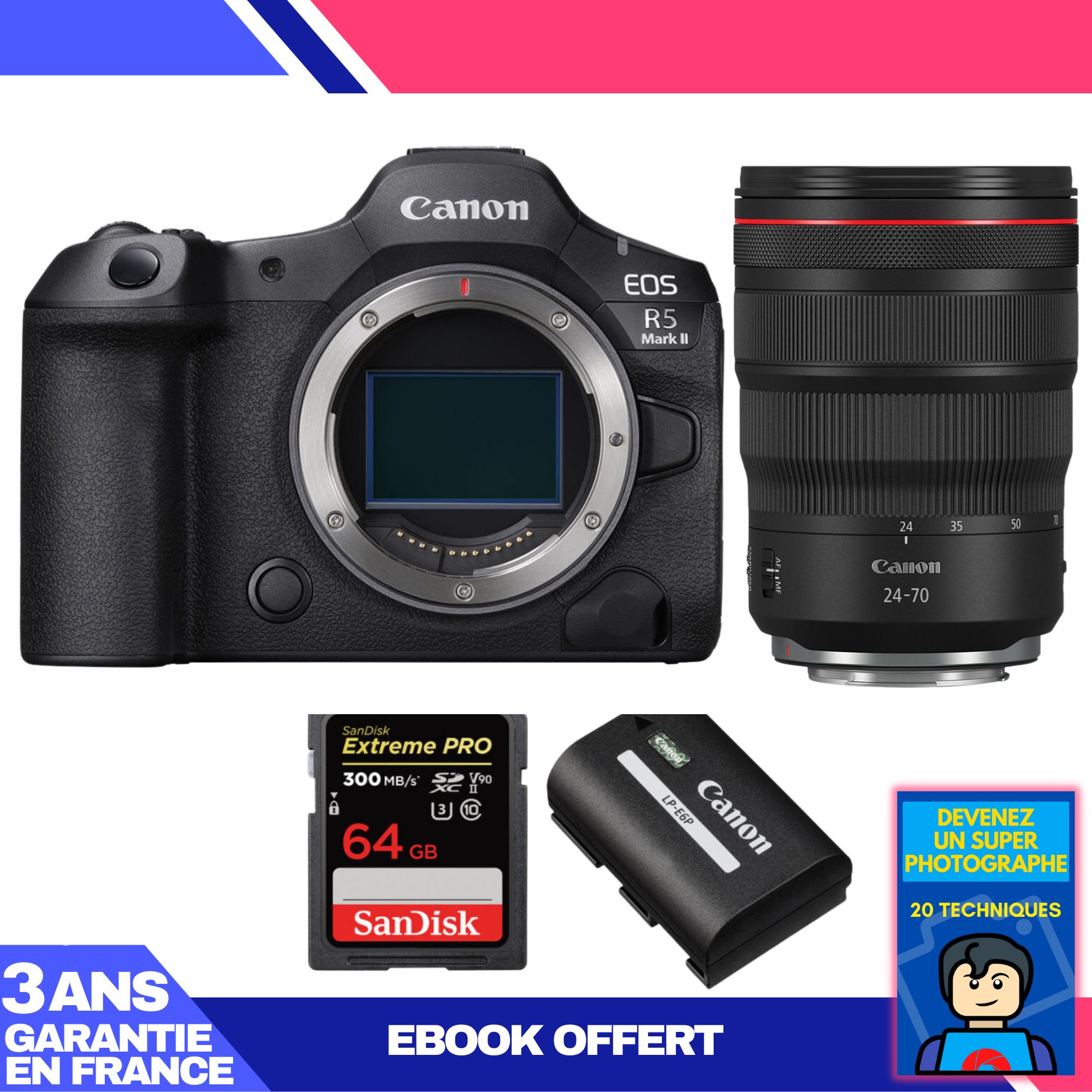 Canon EOS R5 Mark II Camera Kit with RF 24-70mm f/2.8 L IS USM Lens + 64GB SanDisk Extreme PRO SD Card + Canon LP-E6P Battery + Ebook