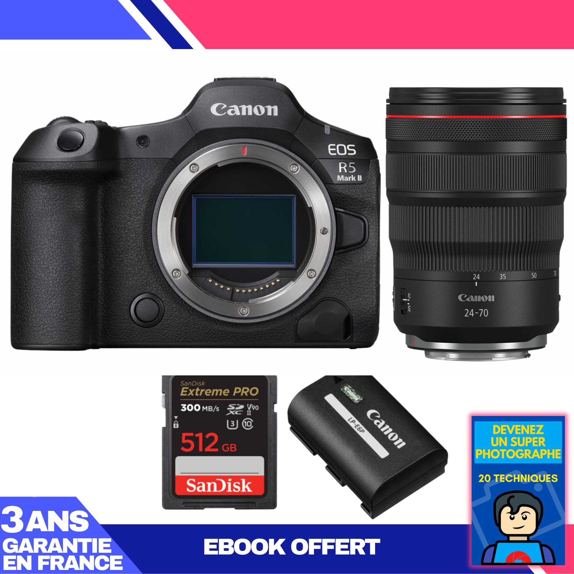 Canon EOS R5 Mark II Camera Kit with RF 24-70mm f/2.8 L IS USM Lens + 512GB SanDisk Extreme PRO SD Card + Canon LP-E6P Battery + Ebook: Become a Super Photographer