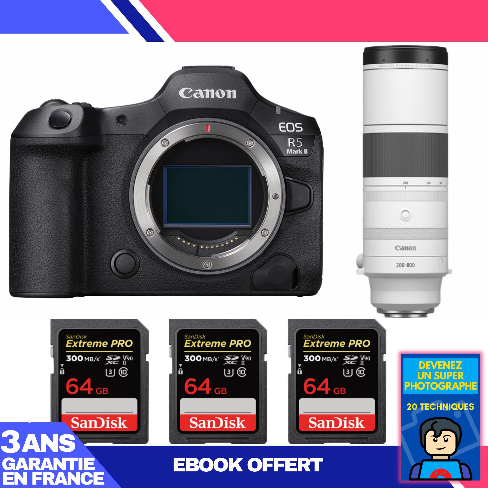 Kit de cámara Canon EOS R5 Mark II con objetivo RF 200-800mm f/6.3-9 IS USM + 3 tarjetas SanDisk Extreme PRO UHS-II de 64 GB