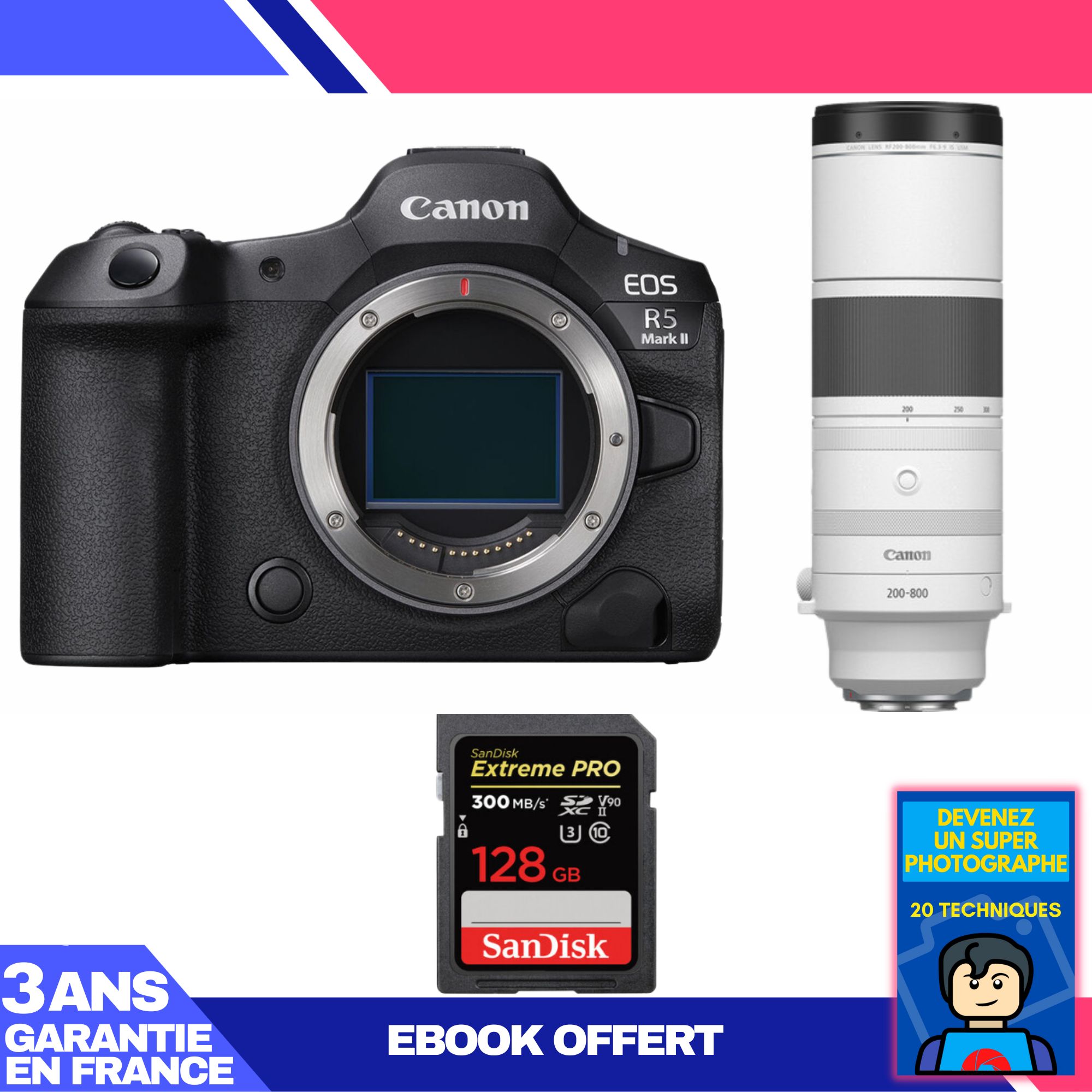 Canon EOS R5 Mark II Camera + RF 200-800mm f/6.3-9 IS USM Lens + 1 SanDisk 128GB Extreme PRO UHS-II SDXC Card + 'Become a Super Photographer Ebook