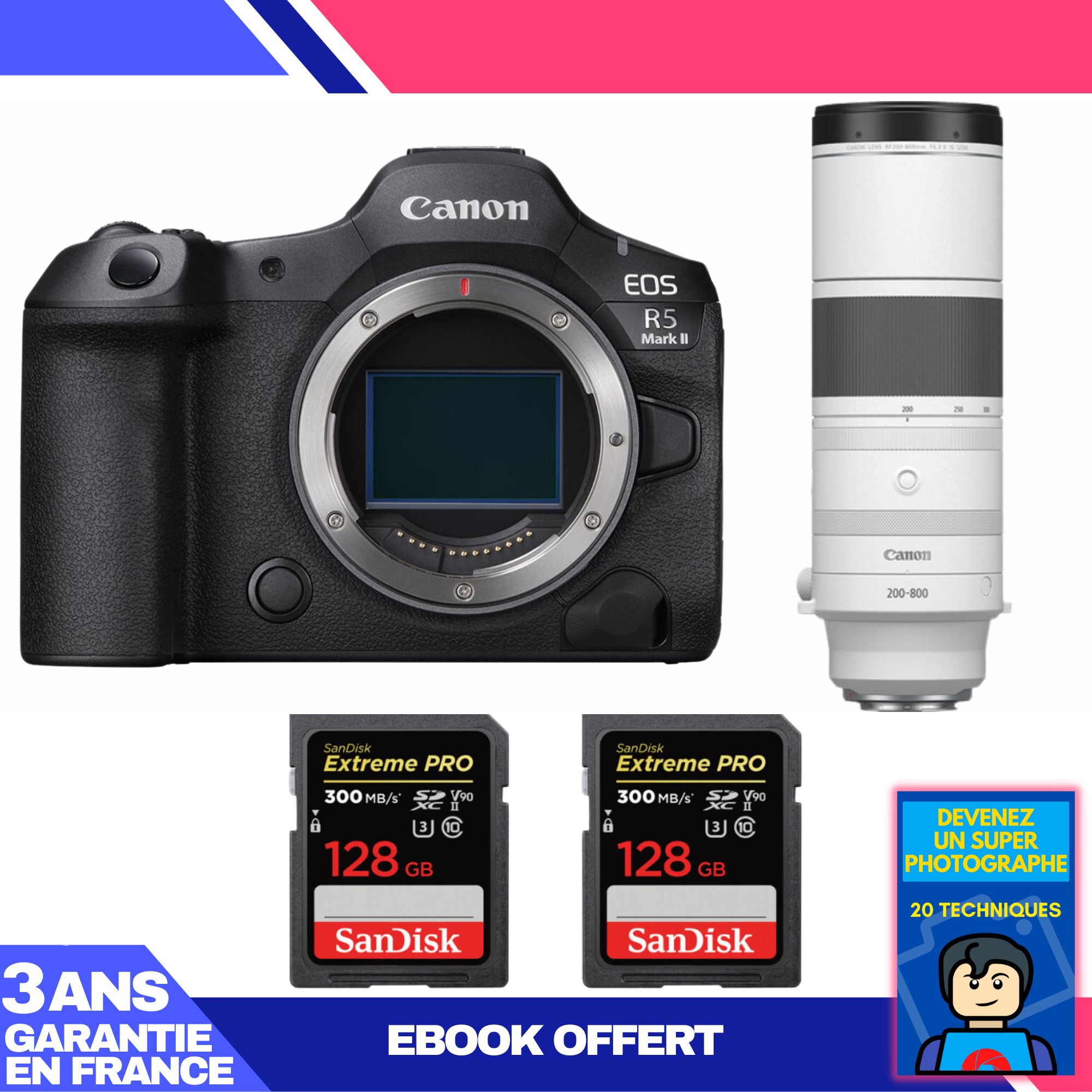 Canon EOS R5 Mark II Lens Kit: 200-800mm f/6.3-9 IS USM + 2x 128GB SanDisk Extreme PRO SDXC UHS-II + Ebook