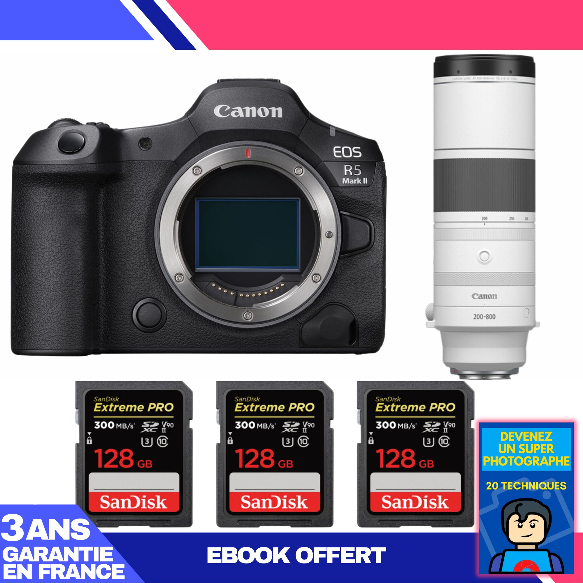 Kit Cámara Canon EOS R5 Mark II con Objetivo RF 200-800mm f/6.3-9 IS USM + 3 Tarjetas SDXC SanDisk 128GB Extreme PRO
