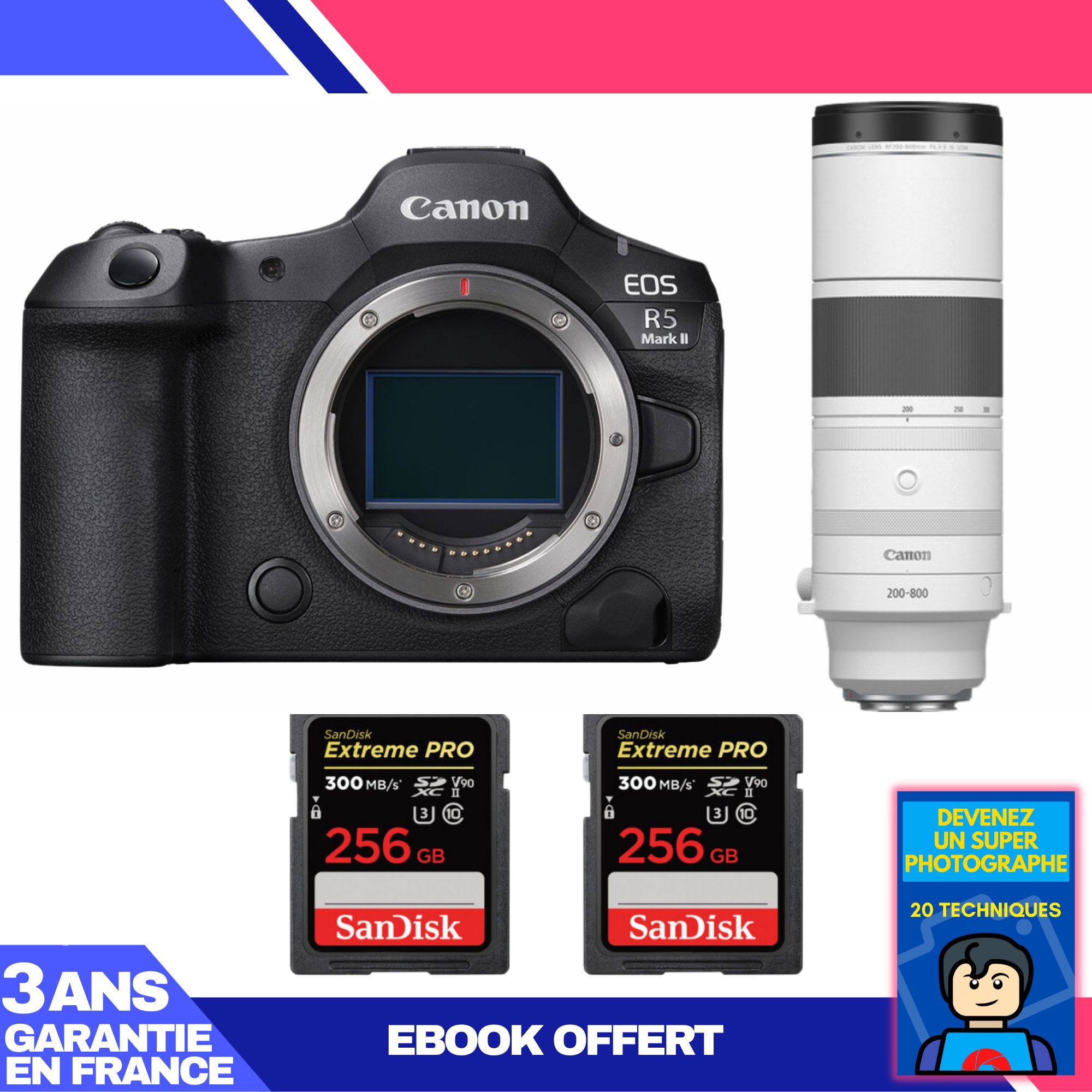 Canon EOS R5 Mark II + RF 200-800mm f/6.3-9 IS USM Lens + 2x 256GB SanDisk Extreme PRO UHS-II SDXC Cards + 'Become a Super Photographer' Ebook
