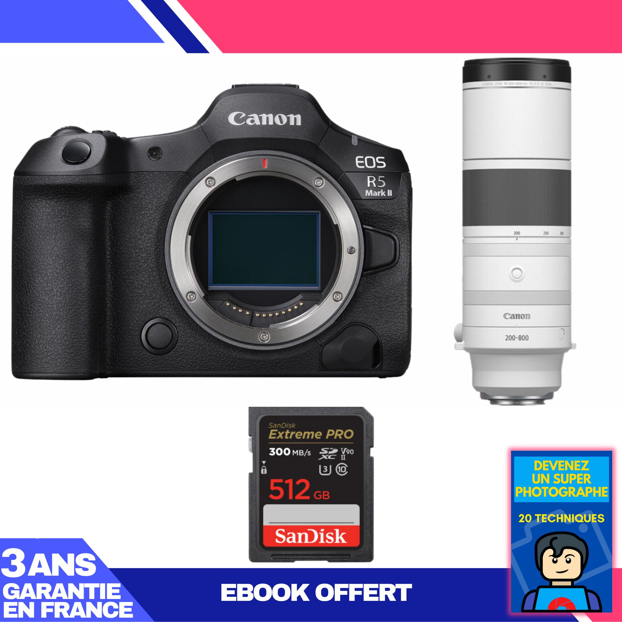 Canon EOS R5 Mark II Camera Kit with RF 200-800mm Lens and SanDisk 512GB SD Card + Ebook