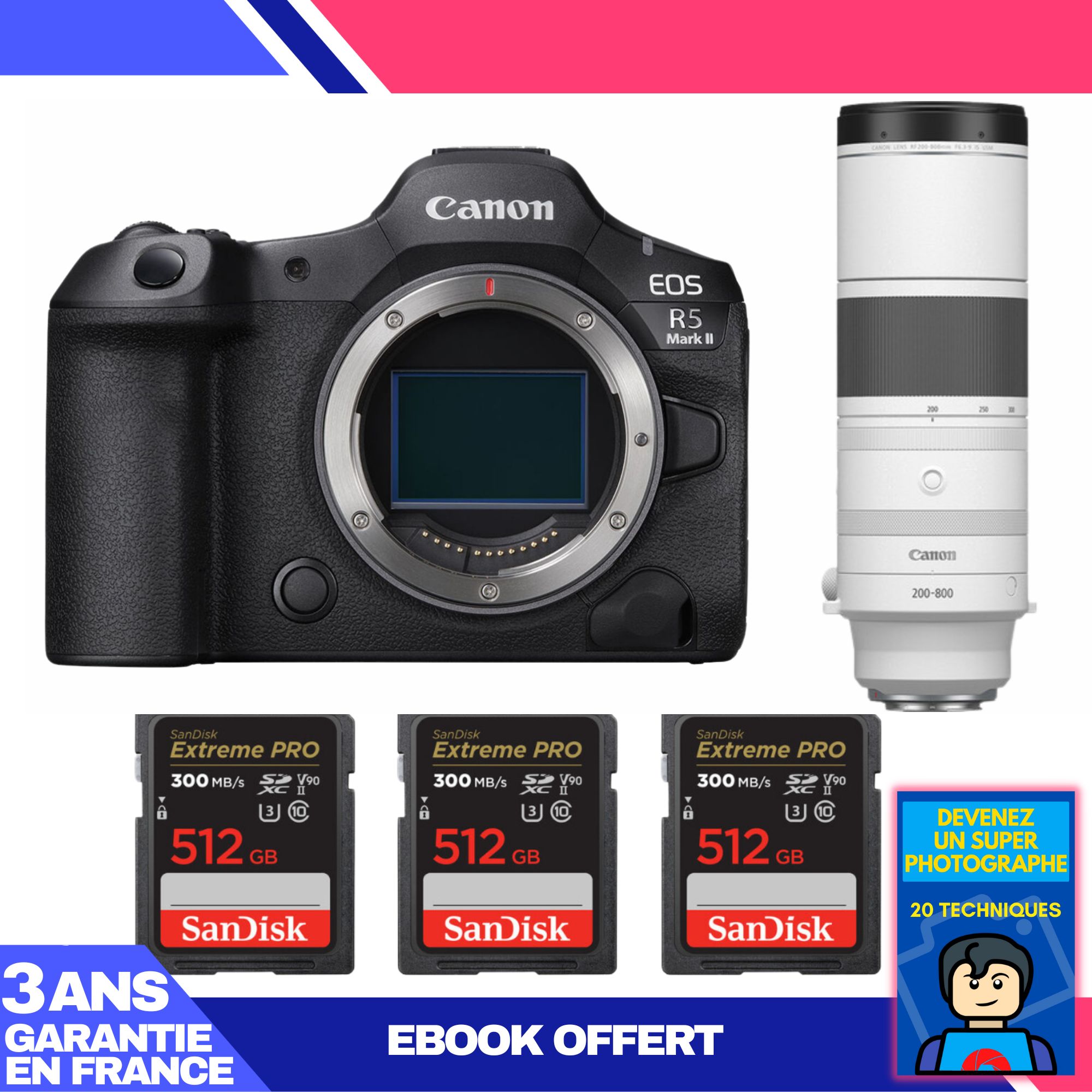 Cámara Canon EOS R5 Mark II + Lente RF 200-800mm f/6.3-9 IS USM + 3 Tarjetas de memoria SanDisk 512GB Extreme PRO UHS-II + Ebook 'Conviértase en un fotógrafo super'