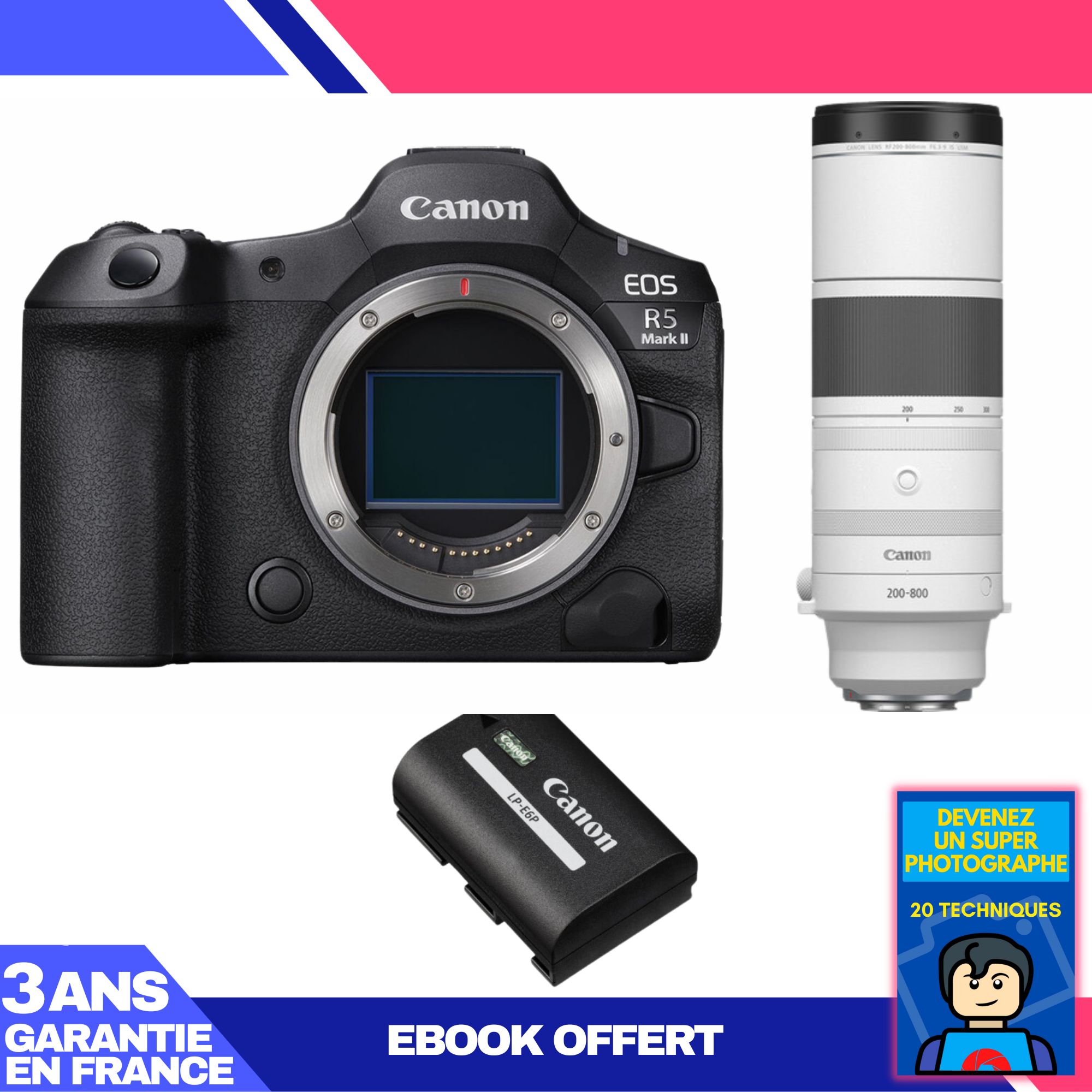 Canon EOS R5 Mark II Camera + RF 200-800mm f/6.3-9 IS USM Lens + LP-E6P Battery + 'Become a Super Photographer' Ebook