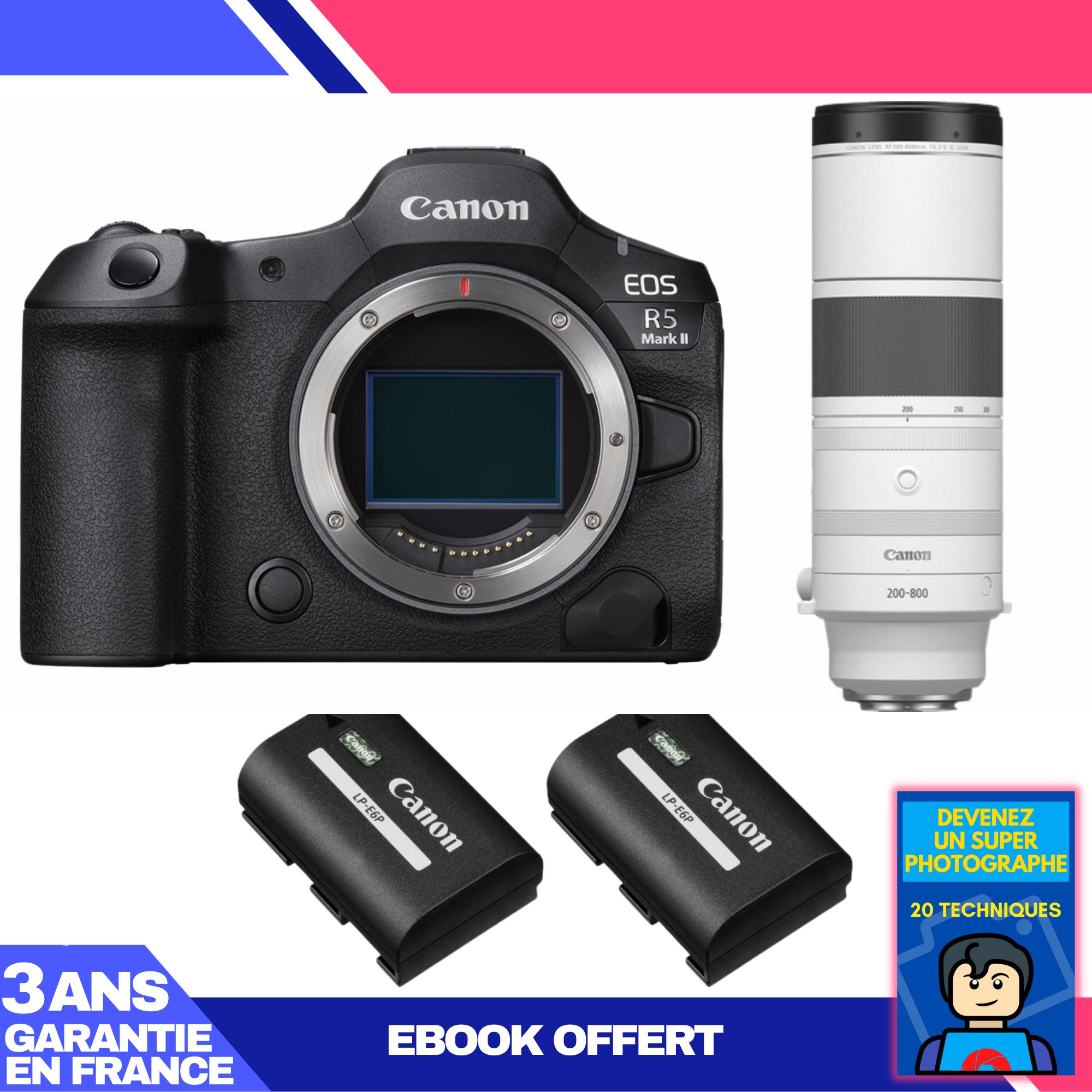 Canon EOS R5 Mark II Camera + RF 200-800mm f/6.3-9 IS USM Lens + 2 LP-E6P Batteries + 'Become a Super Photographer' Ebook