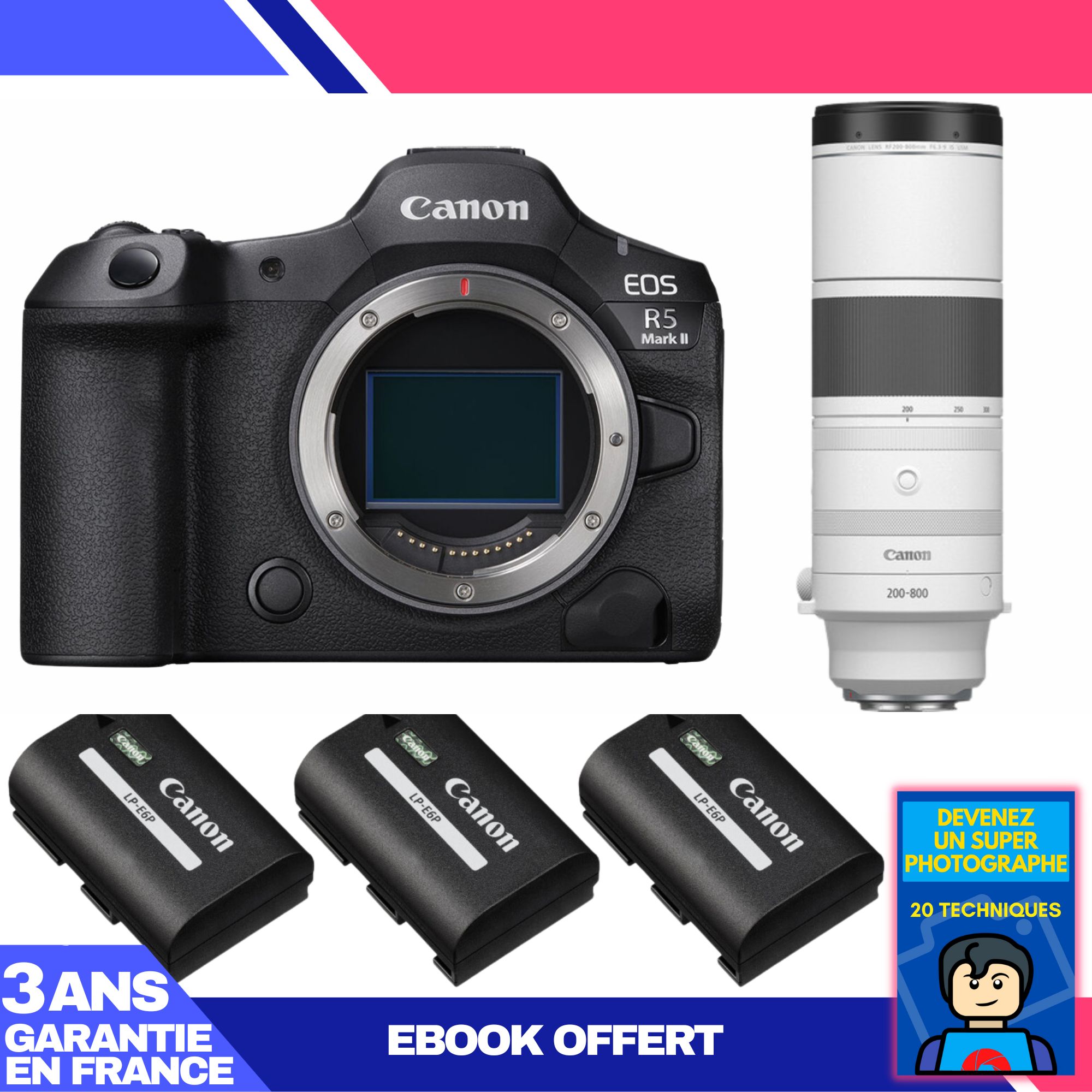 Canon EOS R5 Mark II + Lente RF 200-800mm f/6.3-9 IS USM + 3 Baterías LP-E6P Canon + Ebook 'Conviértete en un Fotógrafo Súper'