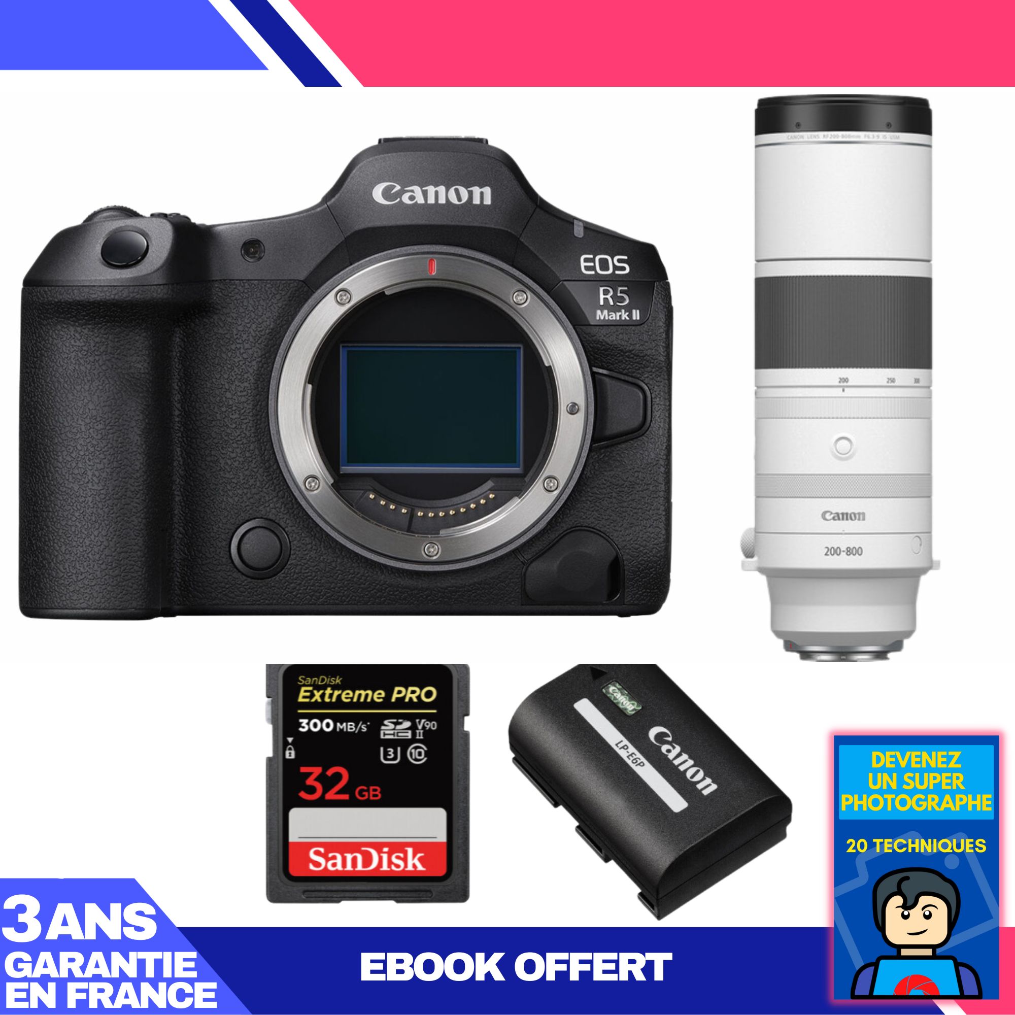 Canon EOS R5 Mark II + RF 200-800mm f/6.3-9 IS USM Lens + 1x SanDisk 32GB Extreme PRO UHS-II SDXC Card + 1x Canon LP-E6P
