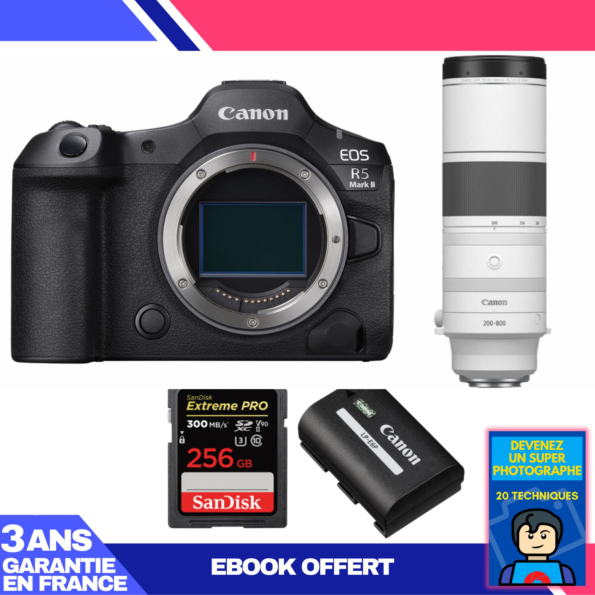 Canon EOS R5 Mark II + RF 200-800mm f/6.3-9 IS USM Lens + 1 SanDisk 256GB Extreme PRO UHS-II SDXC Card + 1 Canon LP-E6P Battery (eBook 'Become a Super Photographer Included)