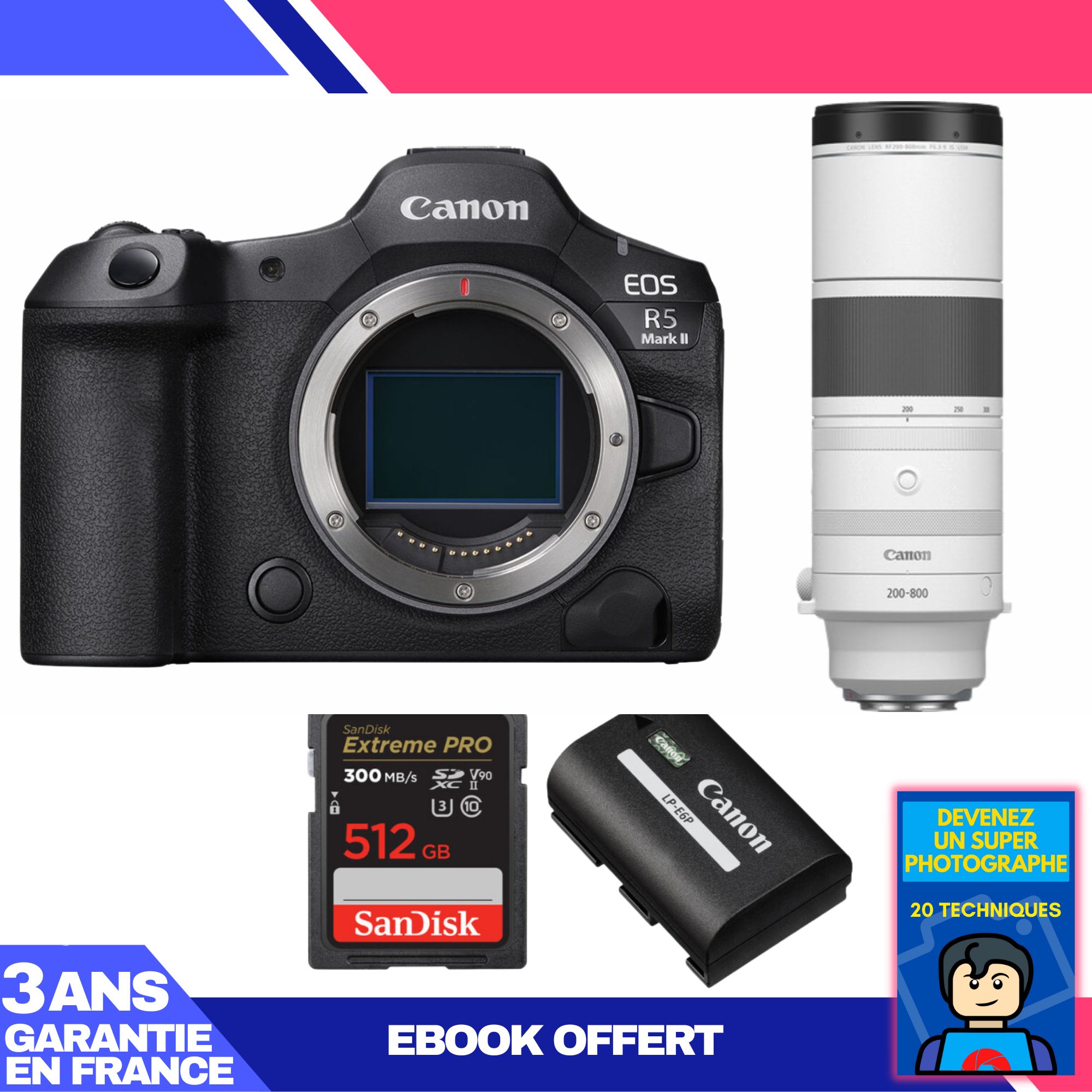 Canon EOS R5 Mark II Camera + RF 200-800mm f/6.3-9 IS USM Lens + 1 SanDisk 512GB Extreme PRO UHS-II SDXC Card + 1 Canon LP-E6P Battery + 'Devenez Un Super Photographe Ebook