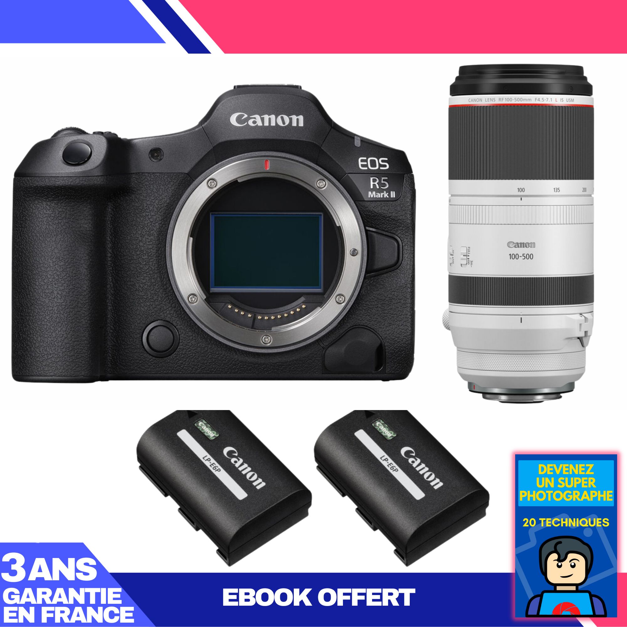 Canon EOS R5 Mark II Camera Kit with RF 100-500mm f/4.5-7.1L IS USM Lens + 2 LP-E6P Batteries + 'Become a Super Photographer' Ebook