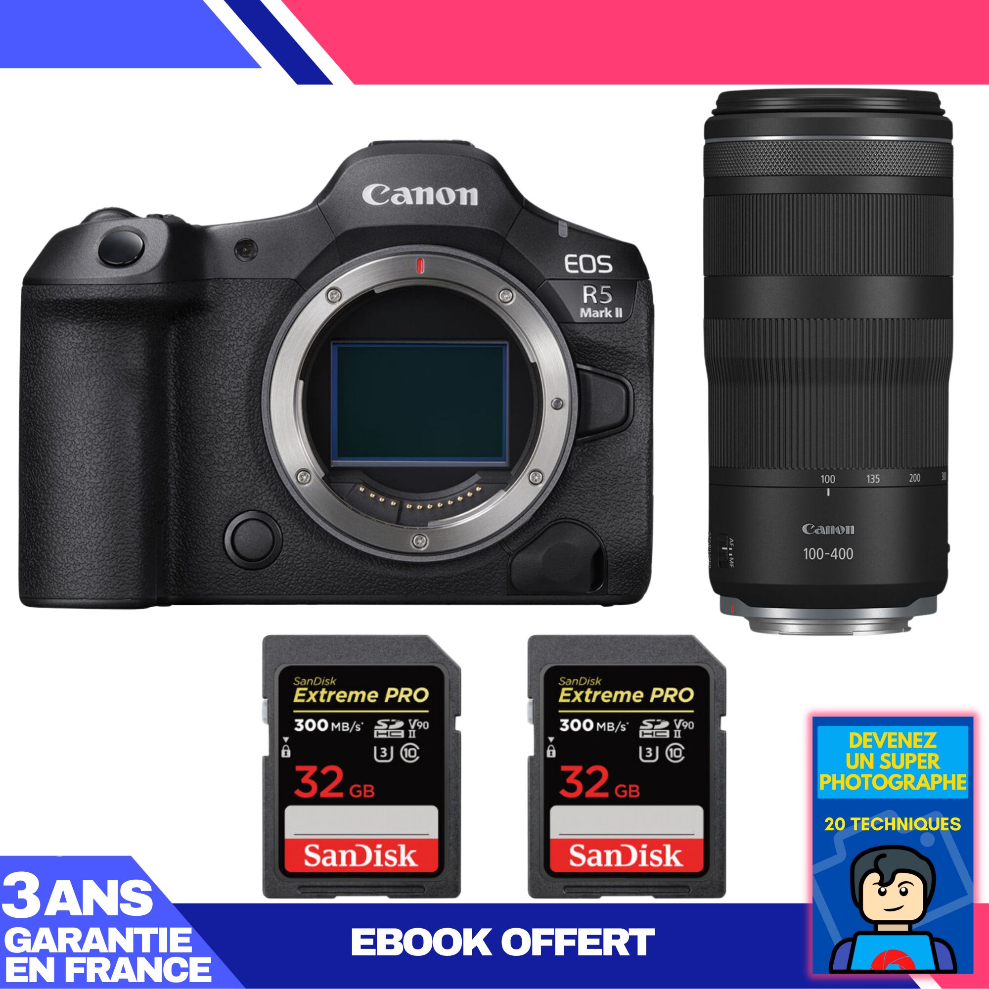 Appareil photo Canon EOS R5 Mark II + objectif RF 100-400mm f/5.6-8 IS USM + 2 cartes SD SanDisk 32 Go Extreme PRO UHS-II 300 Mo/s + ebook 'Devenez un super photographe