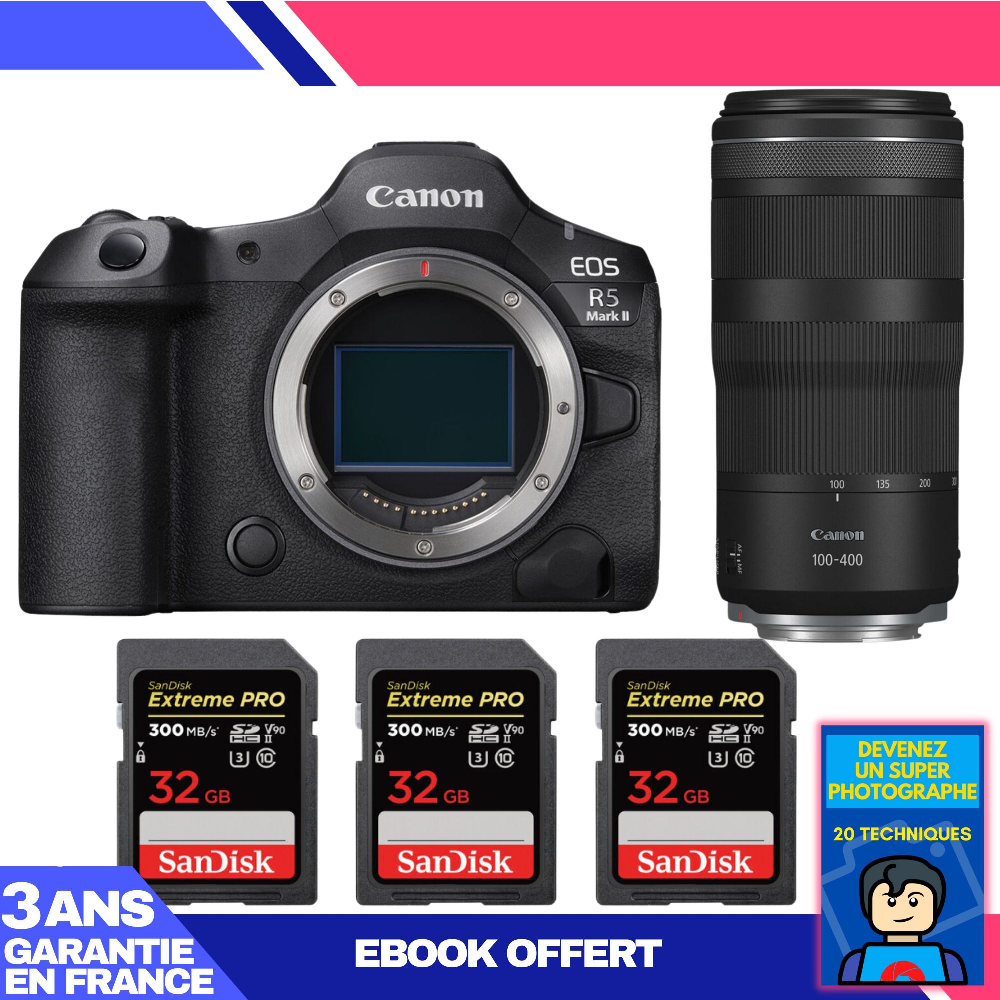 Appareil photo Canon EOS R5 Mark II + Objectif RF 100-400mm f/5.6-8 IS USM + 3 Cartes SanDisk 32Go Extreme PRO UHS-II SDXC 300 Mo/s + Ebook 'Devenez un Super Photographe