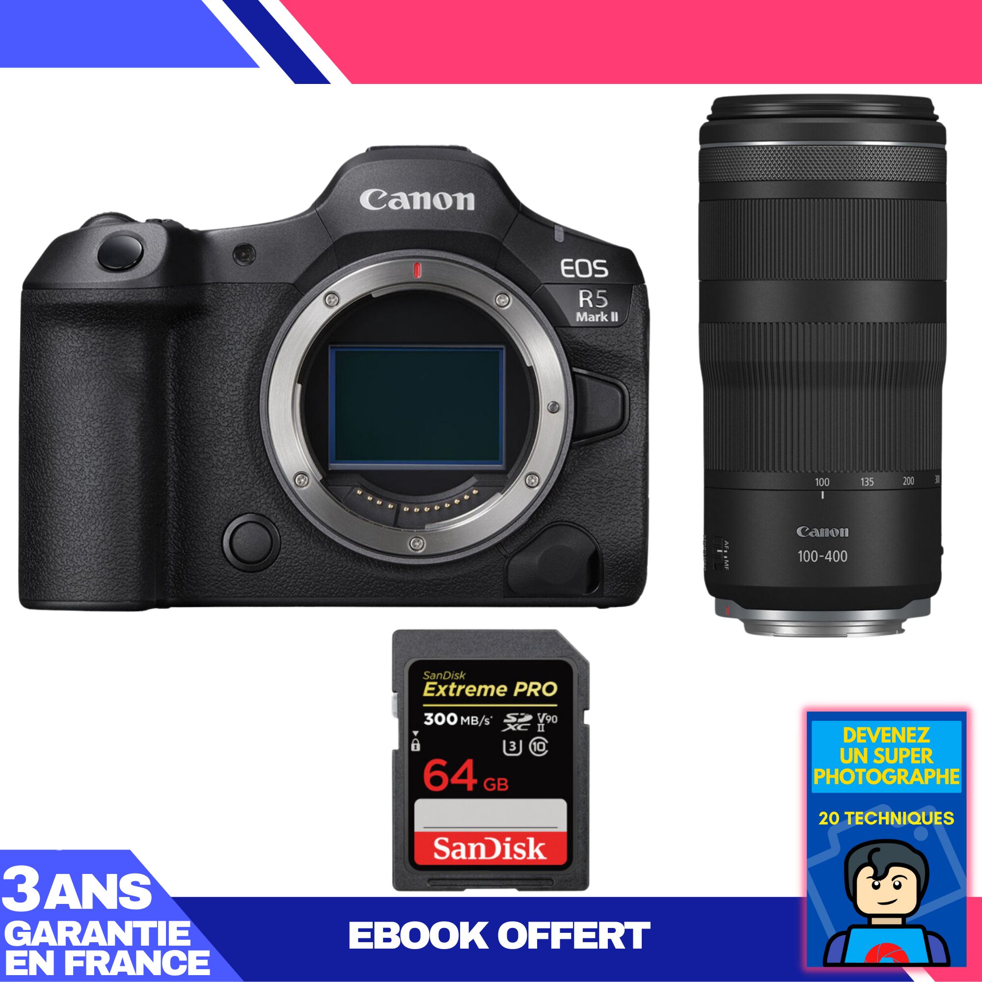 Appareil photo Canon EOS R5 Mark II + Objectif RF 100-400mm f/5.6-8 IS USM + Carte SDXC 64 Go SanDisk Extreme PRO UHS-II 300 Mo/s + Guide 'Devenez un photographe exceptionnel'
