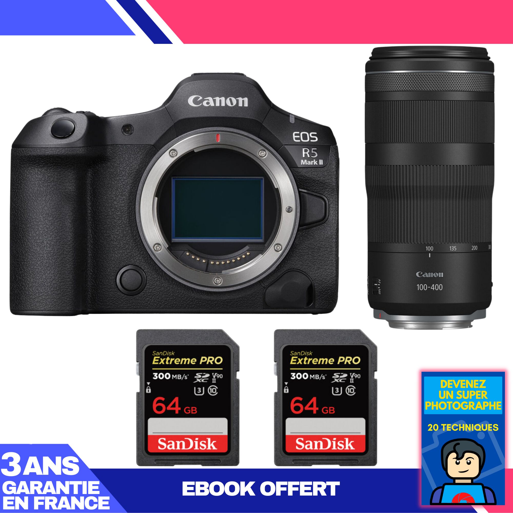Kit Canon EOS R5 Mark II avec objectif RF 100-400mm f/5,6-8 IS USM + 2 cartes mémoire SanDisk 64Go Extreme PRO UHS-II 300 Mo/s
