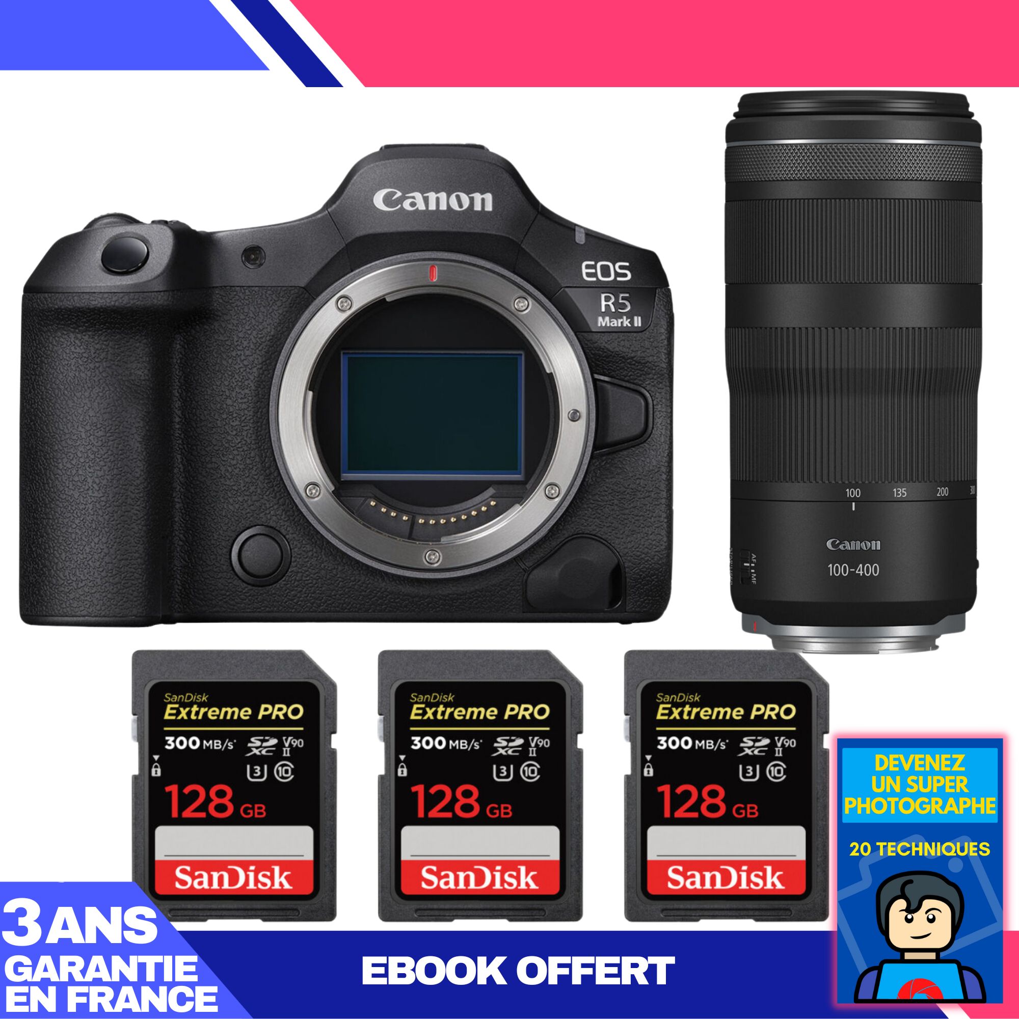 Boîtier Canon EOS R5 Mark II + Objectif RF 100-400mm f/5.6-8 IS USM + 3 Cartes SanDisk 128 Go Extreme PRO UHS-II SDXC 300 Mo/s
