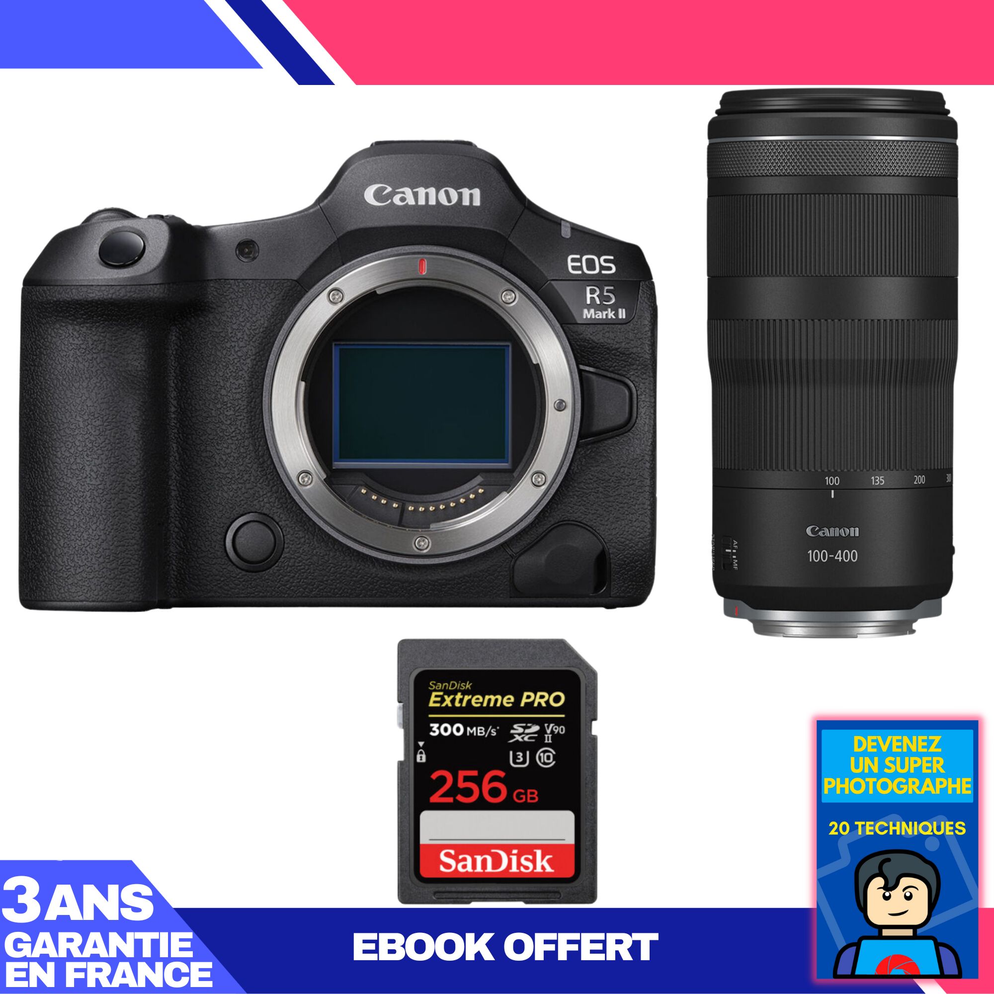 Appareil photo Canon EOS R5 Mark II + Objectif RF 100-400mm f/5.6-8 IS USM + Carte SDXC SanDisk Extreme PRO 256 Go + Livre électronique 'Devenez un super photographe'