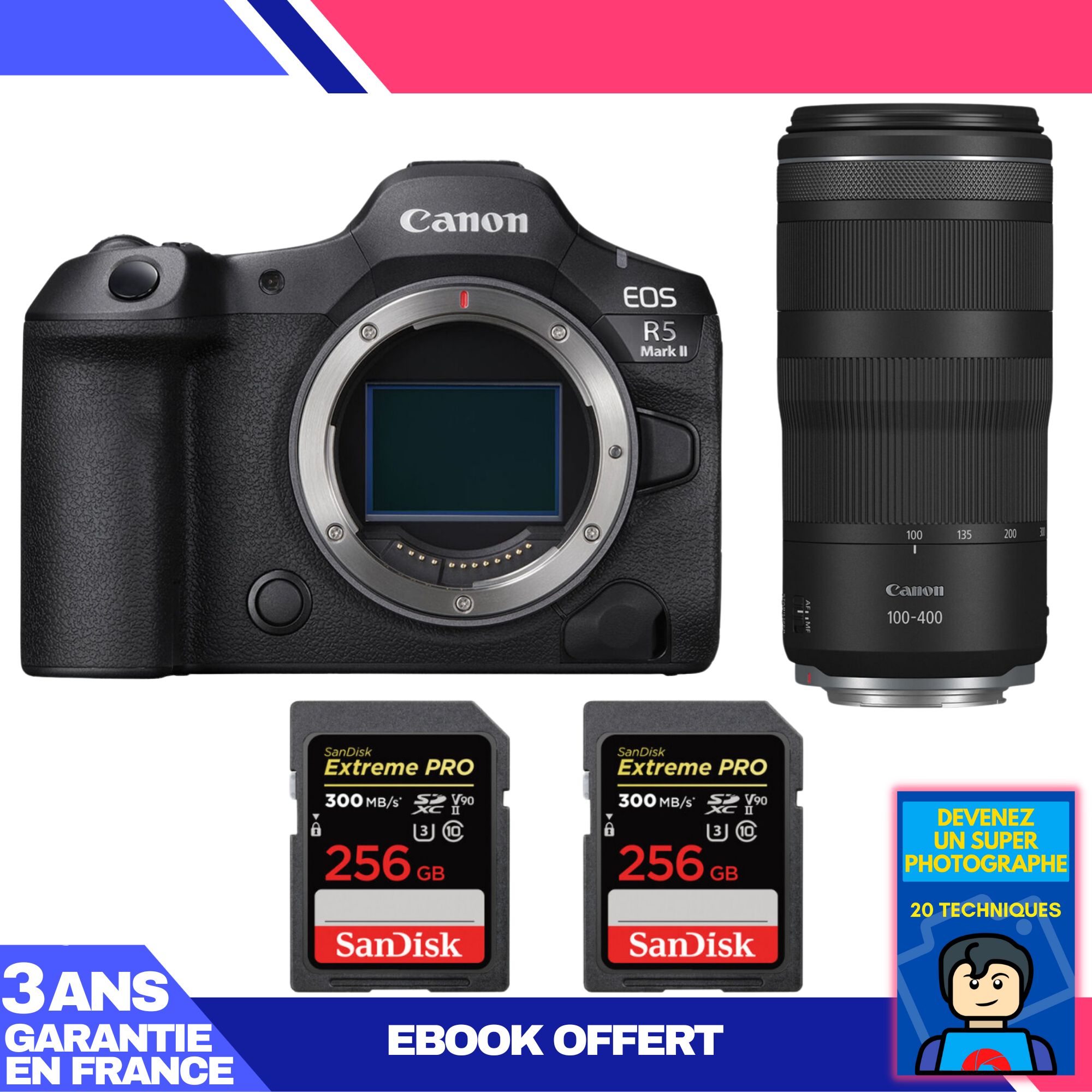 Appareil photo Canon EOS R5 Mark II + Objectif RF 100-400mm f/5.6-8 IS USM + 2 Cartes mémoire SanDisk 256 Go Extreme PRO UHS-II SDXC 300 Mo/s