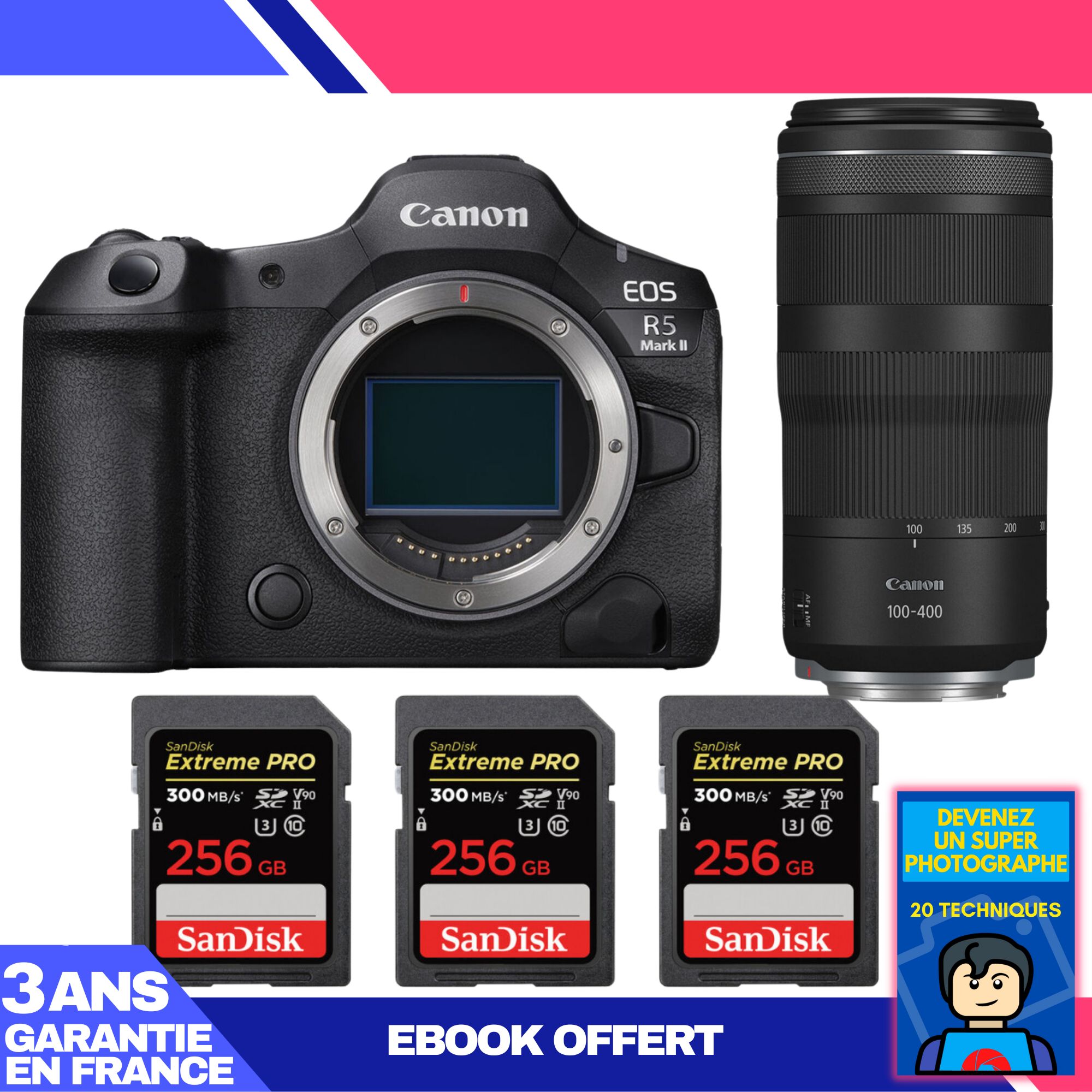 Kit Canon EOS R5 Mark II avec objectif RF 100-400mm f/5,6-8 IS USM + 3 cartes SanDisk 256Go Extreme PRO UHS-II SDXC