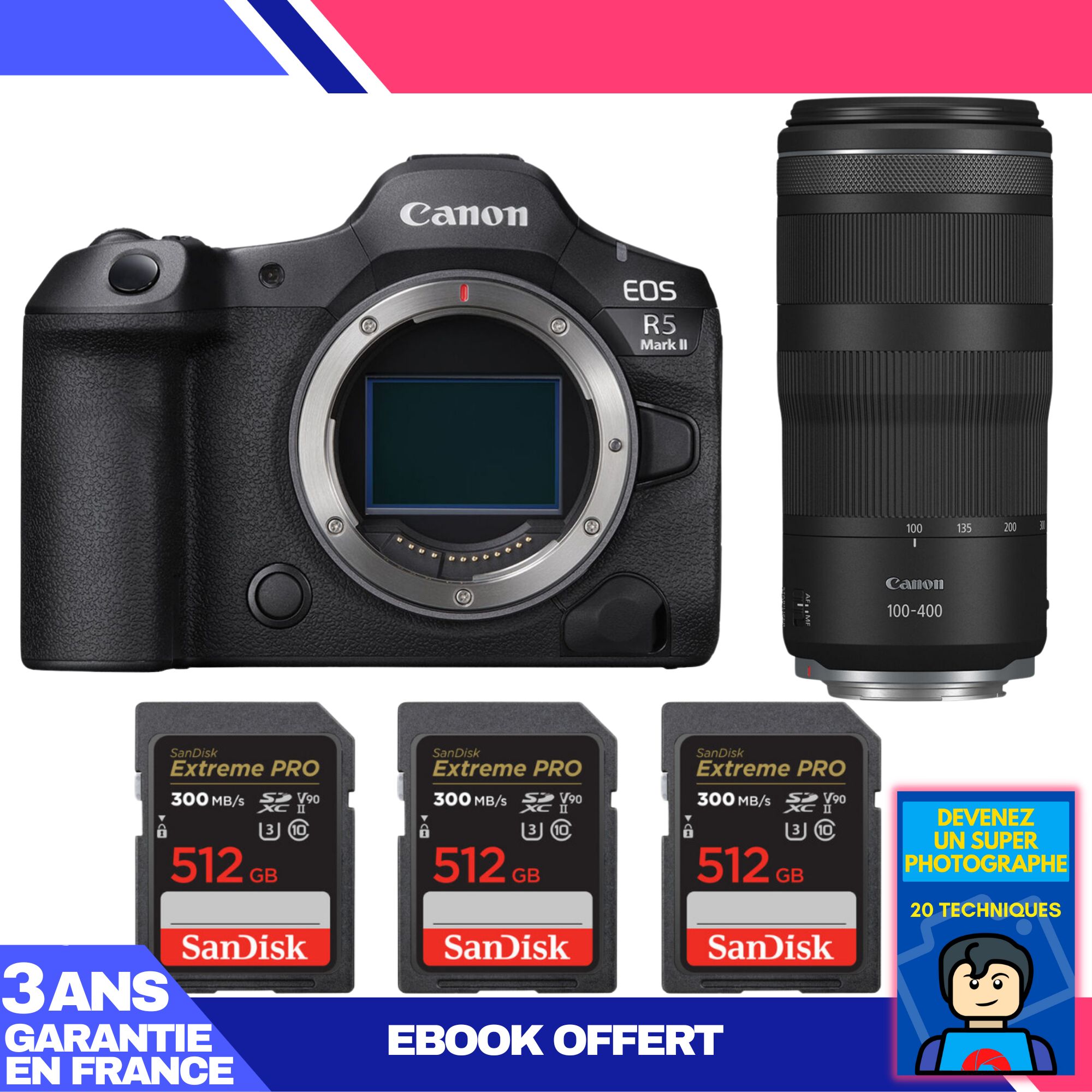 Kit Canon EOS R5 Mark II avec objectif RF 100-400mm f/5,6-8 IS USM et 3 cartes SanDisk Extreme PRO 512 Go UHS-II