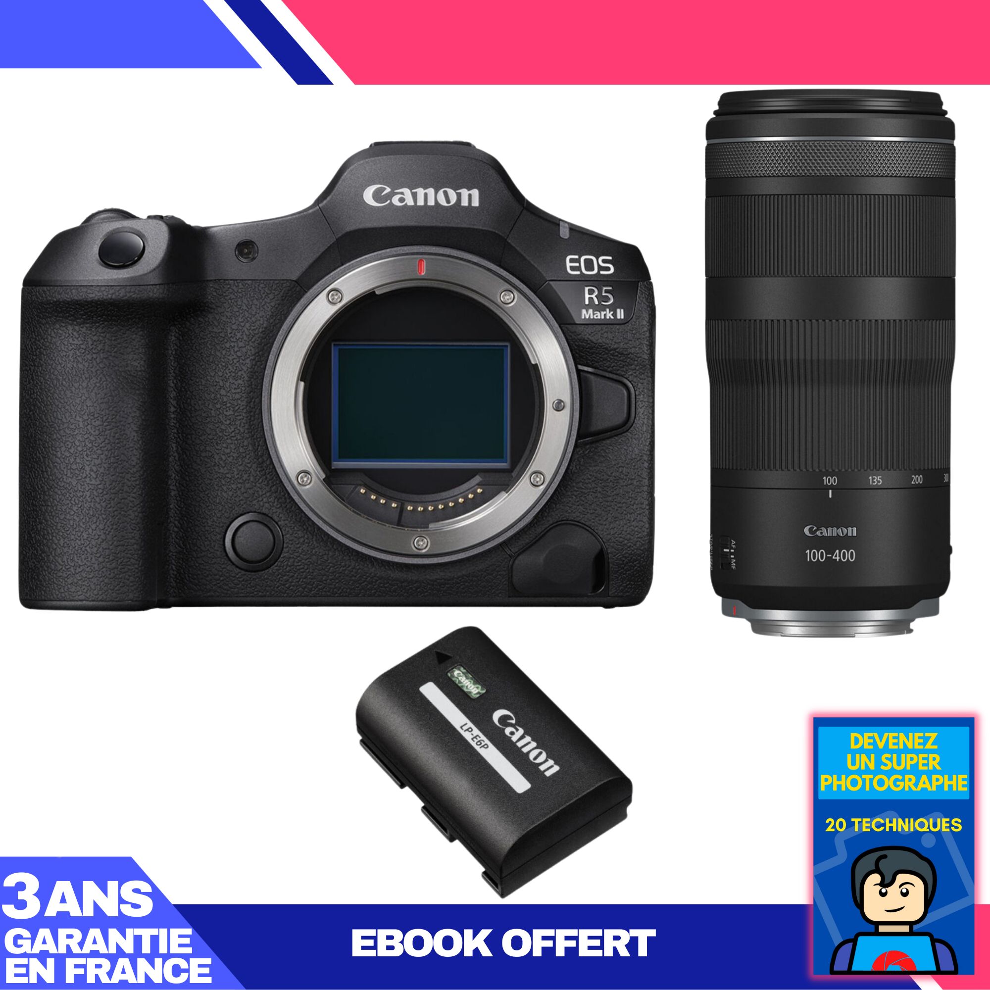 Canon EOS R5 Mark II + objectif RF 100-400mm f/5,6-8 IS USM + batterie LP-E6P + ebook 'Devenez un super photographe'