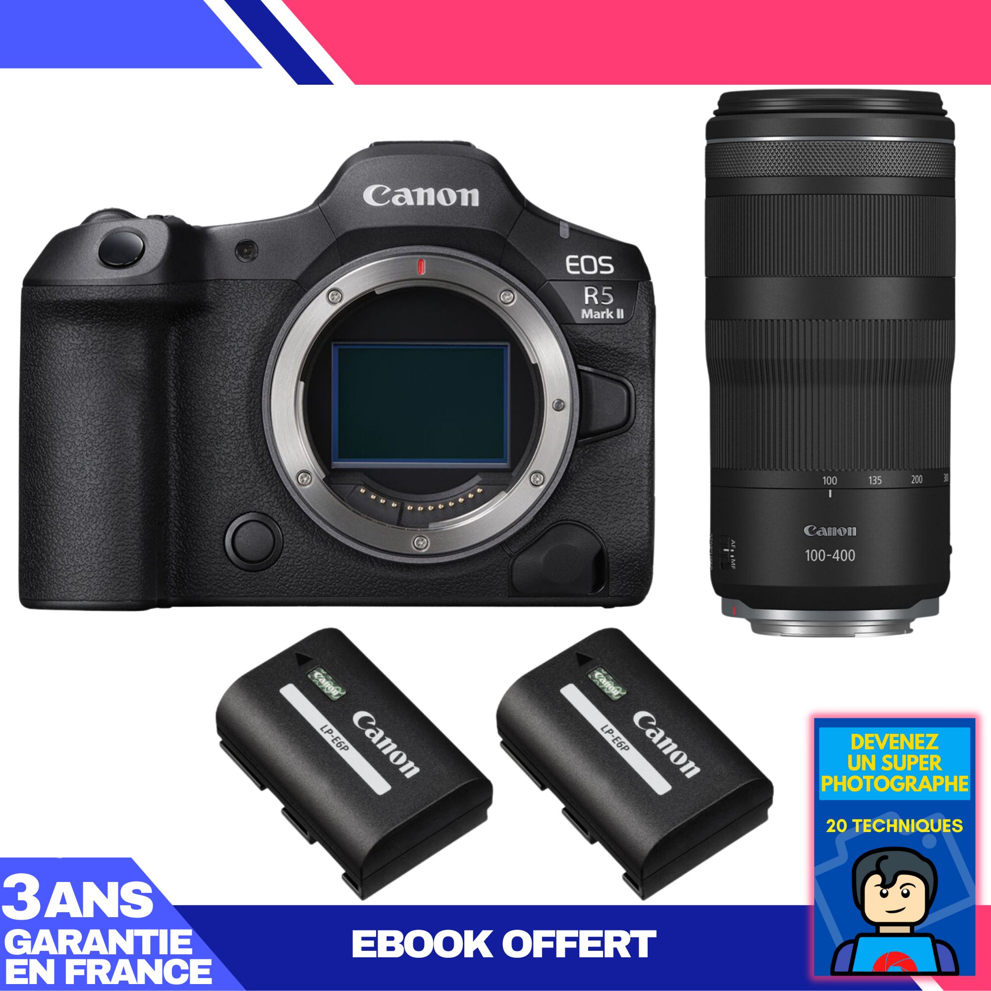 Appareil photo Canon EOS R5 Mark II + Objectif RF 100-400mm f/5,6-8 IS USM + 2 Batteries LP-E6P Canon + Livre électronique 'Devenez un Photographe Super'
