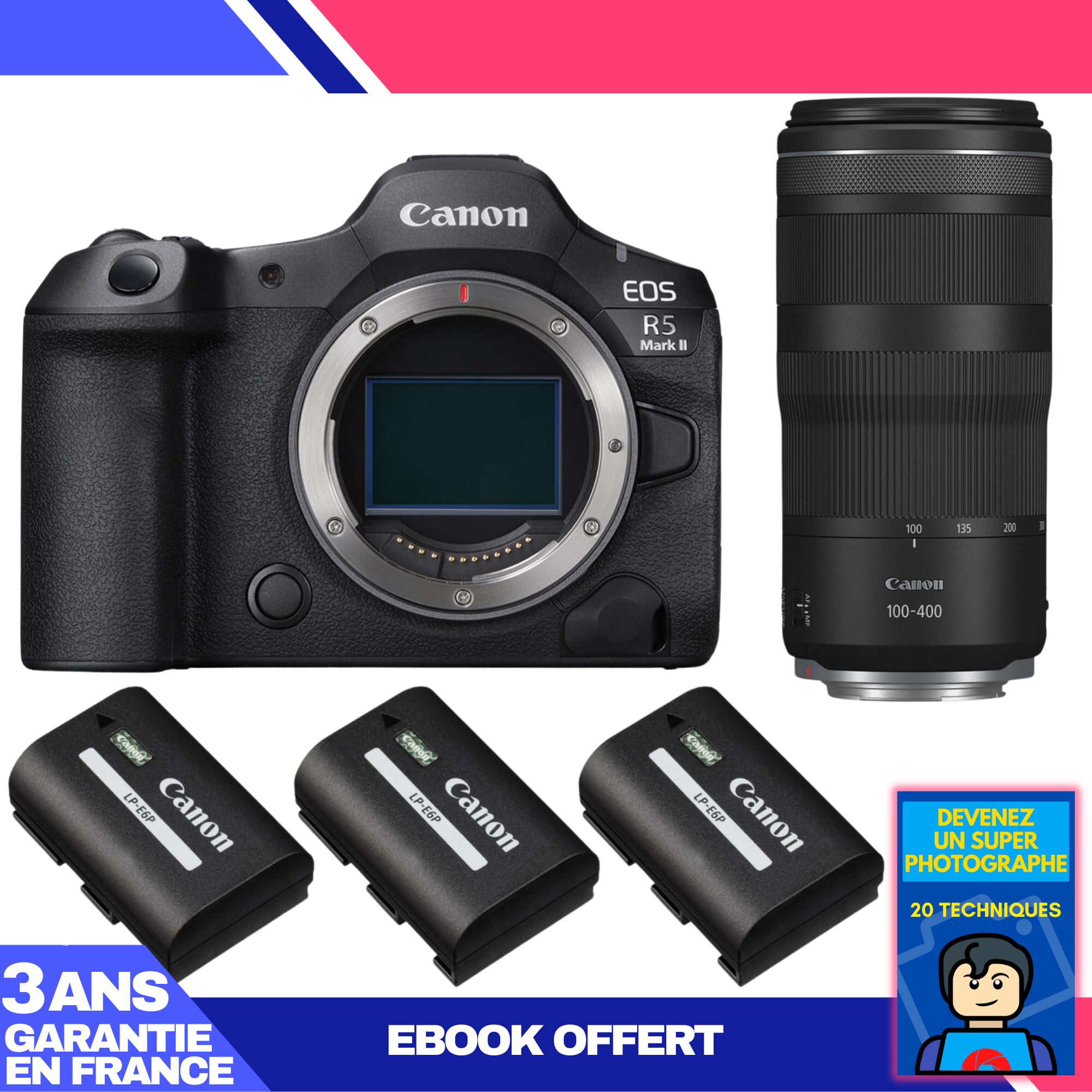 Kit Canon EOS R5 Mark II avec objectif RF 100-400mm f/5.6-8 IS USM + 3 batteries LP-E6P + ebook : Devenez un super photographe