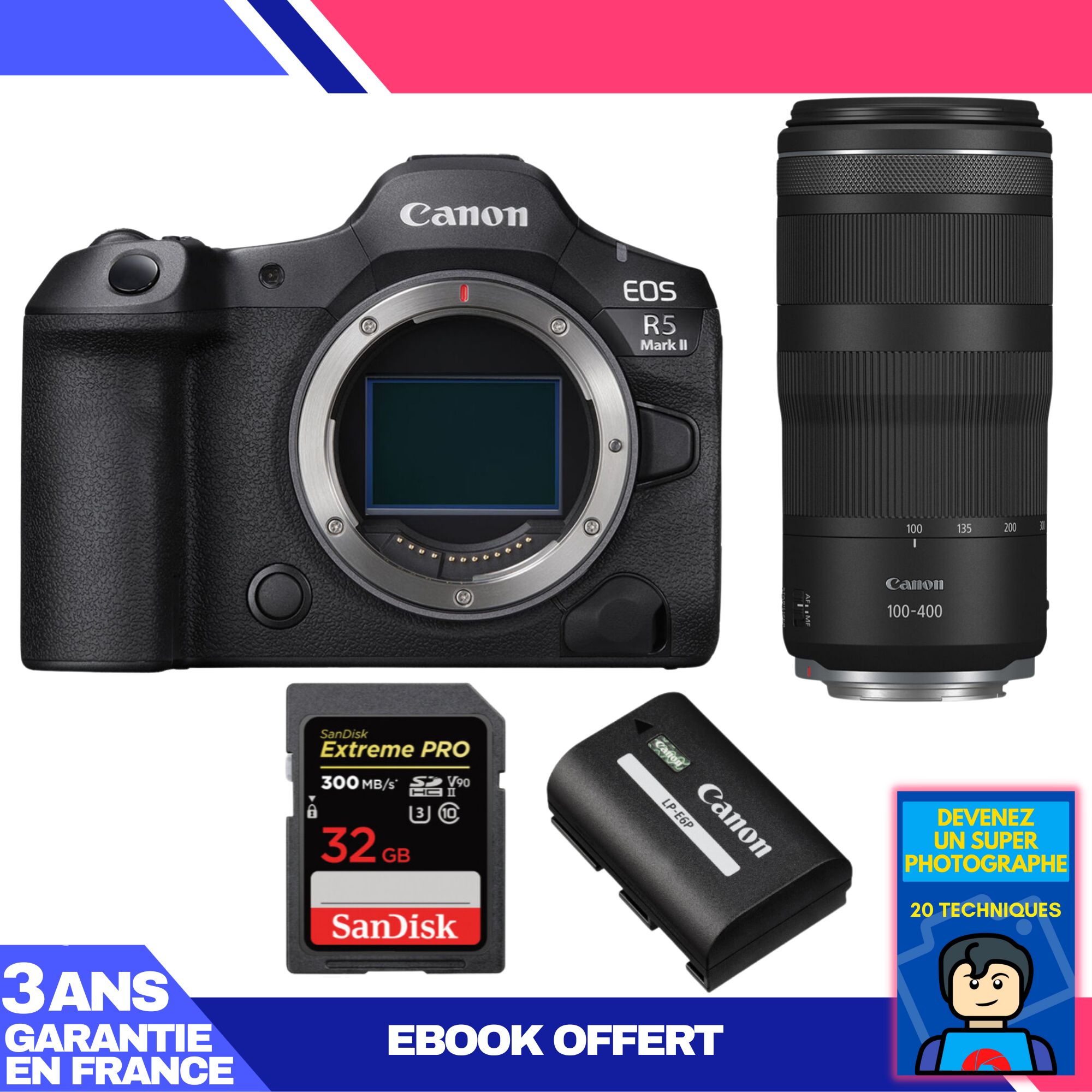 Appareil photo Canon EOS R5 Mark II + Objectif RF 100-400mm f/5.6-8 IS USM + 2 Cartes SanDisk 32 Go Extreme PRO UHS-II SDXC + Batterie Canon LP-E6P + Guide 'Devenez un Super Photographe'