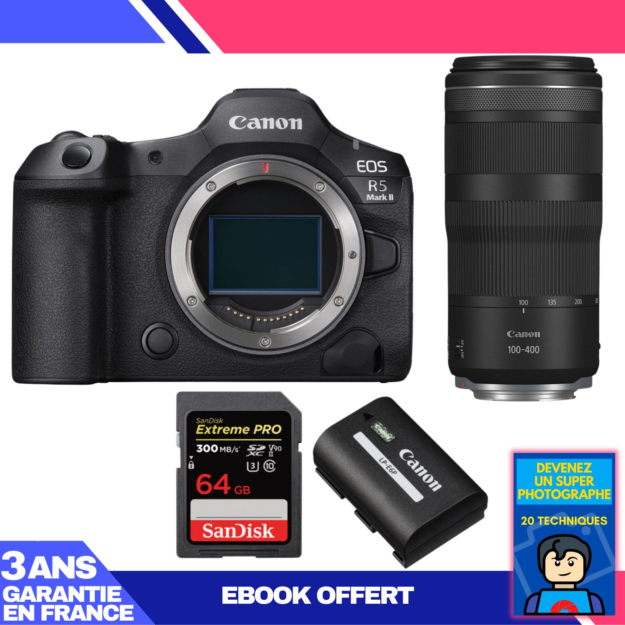 Appareil photo Canon EOS R5 Mark II + Objectif RF 100-400mm f/5.6-8 IS USM + 2 x Cartes SanDisk 64 Go Extreme PRO UHS-II SDXC + Batterie Canon LP-E6P + Ebook 'Devenez un Super Photographe'