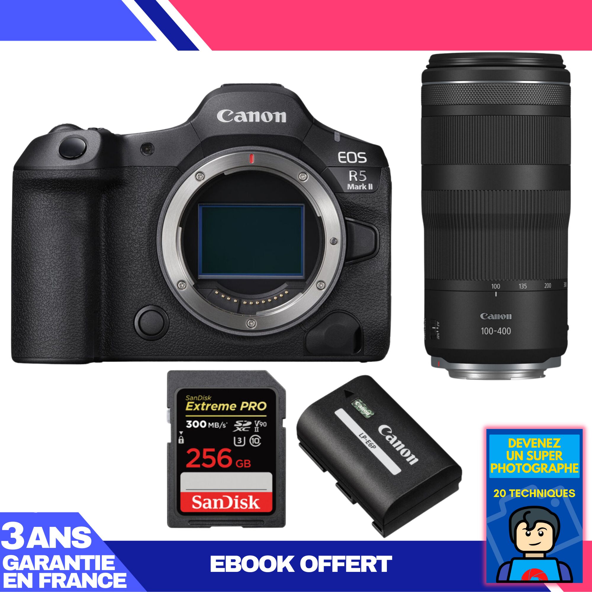 Kit Canon EOS R5 Mark II avec objectif RF 100-400mm f/5,6-8 IS USM et carte SanDisk 256 Go