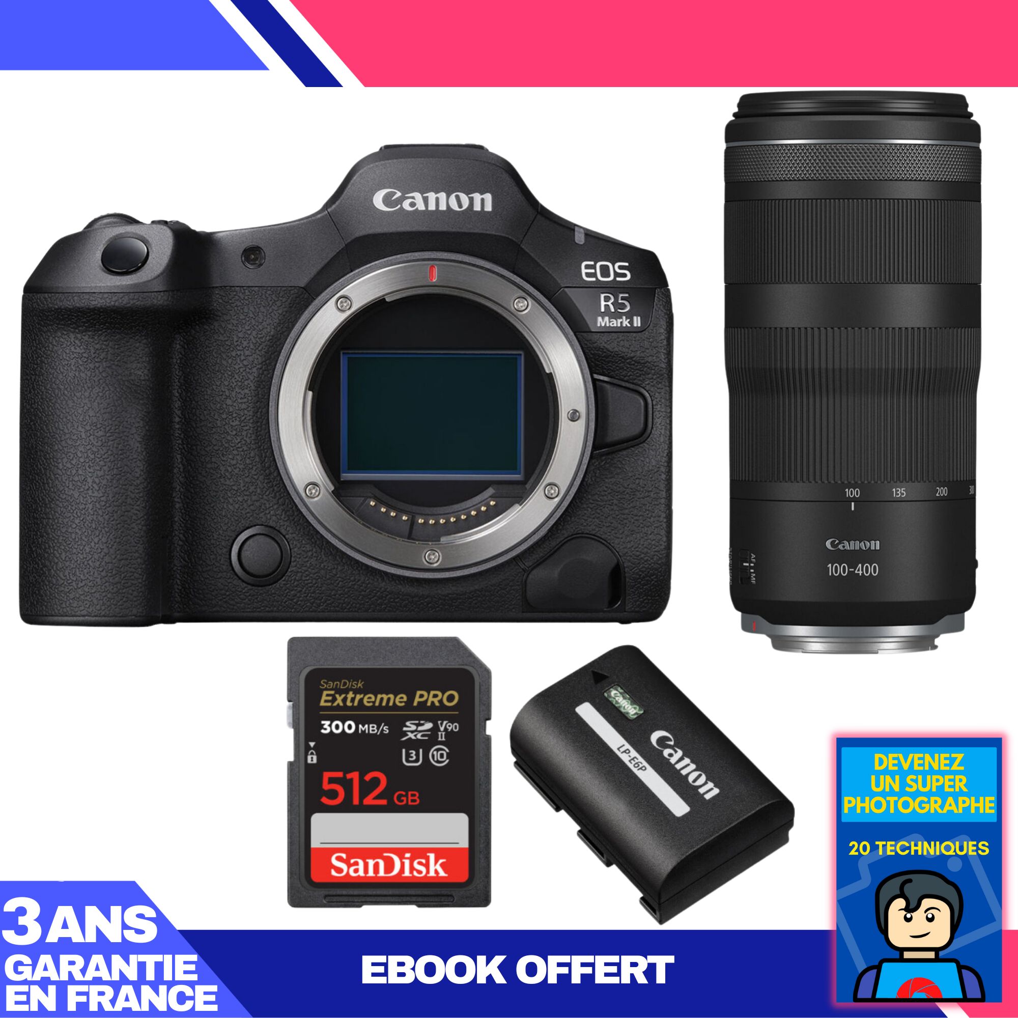 Appareil photo Canon EOS R5 Mark II + Objectif RF 100-400mm f/5.6-8 IS USM + Carte SanDisk 512 Go Extreme PRO UHS-II SDXC + Batterie Canon LP-E6P