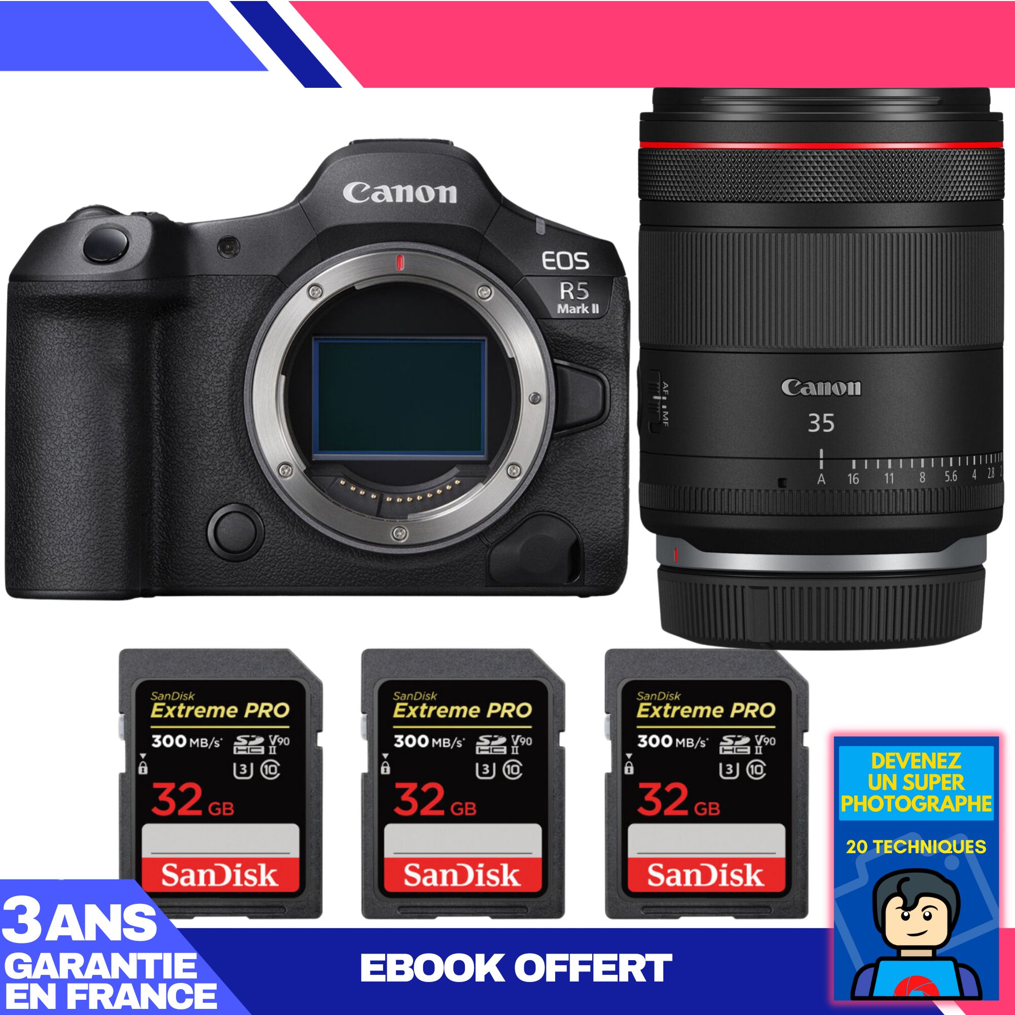 Cámara Canon EOS R5 Mark II + Objetivo RF 35mm f/1.4 L VCM + 3 Tarjetas SD SanDisk 32GB Extreme PRO UHS-II