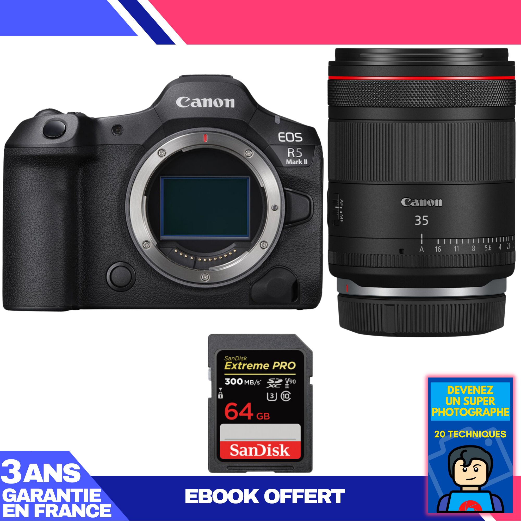 Kit de cámara Canon EOS R5 Mark II con objetivo RF 35mm f/1.4 L VCM + tarjeta SD 64GB Sandisk Extreme PRO + ebook 'Conviértete en un fotógrafo super'