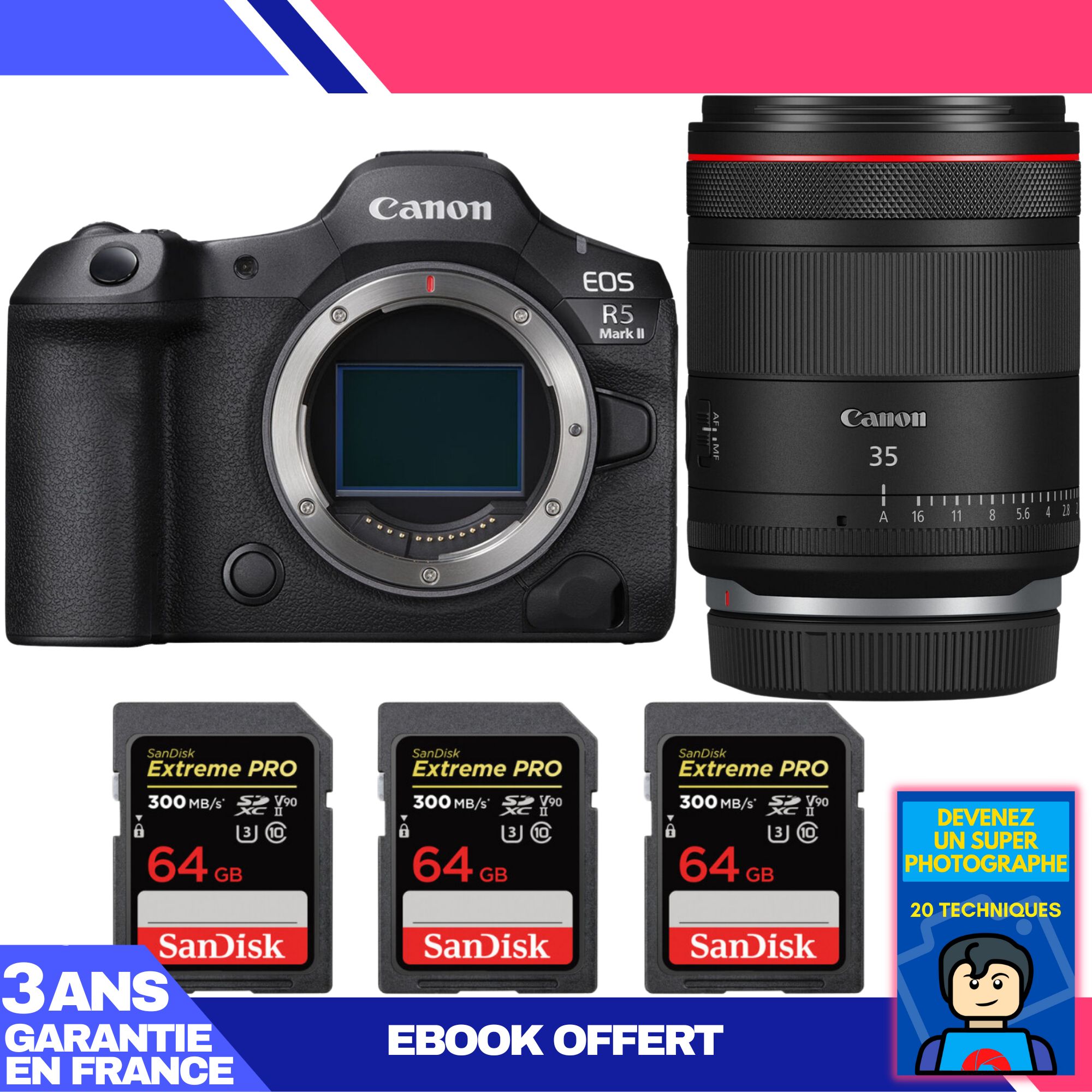 Kit de cámara Canon EOS R5 Mark II con lente RF 35 mm f/1.4 L VCM + 3 tarjetas de memoria SanDisk 64 GB Extreme PRO UHS-II