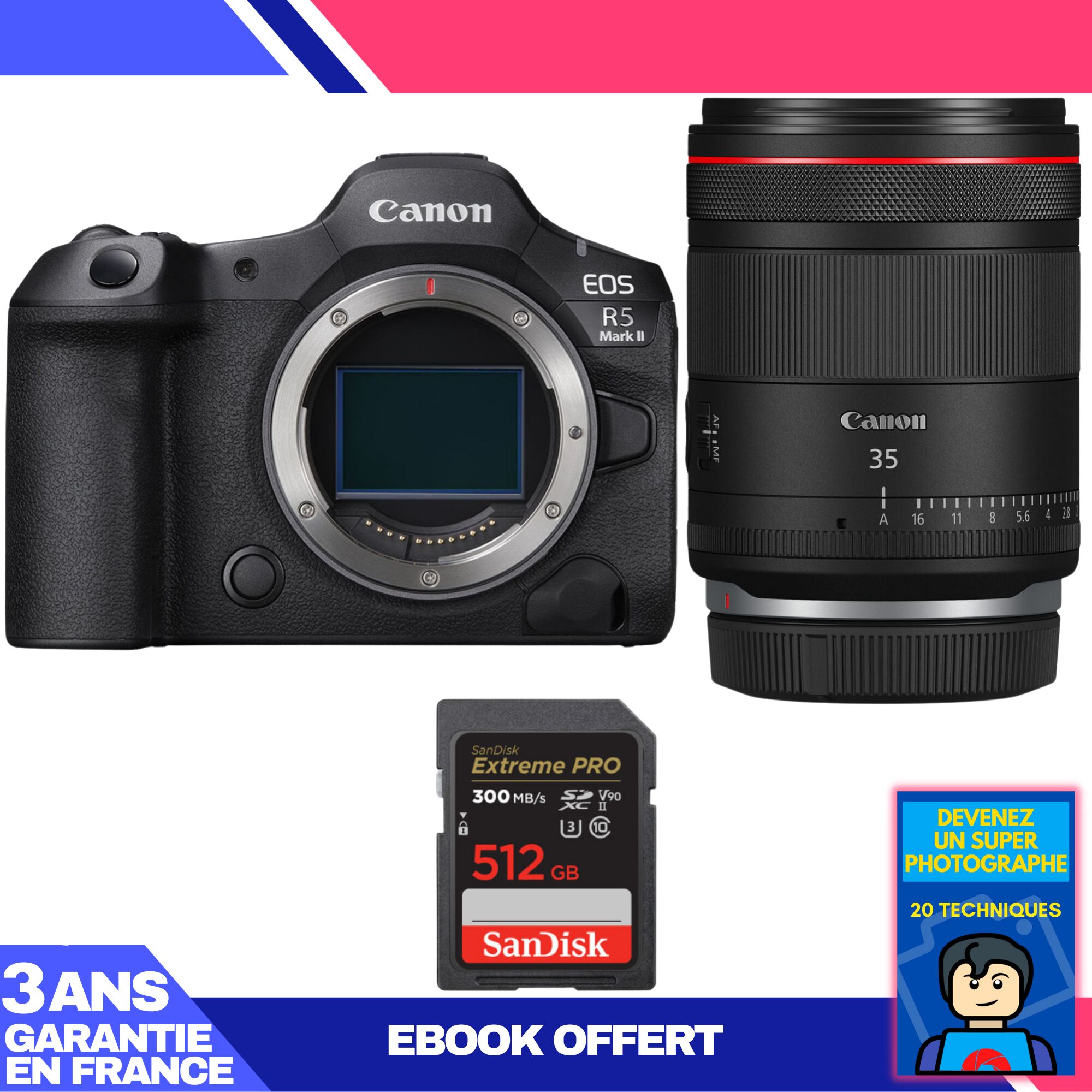 Kit de cámara Canon EOS R5 Mark II con objetivo RF 35 mm f/1.4 L VCM + tarjeta SD de 512 GB SanDisk Extreme PRO