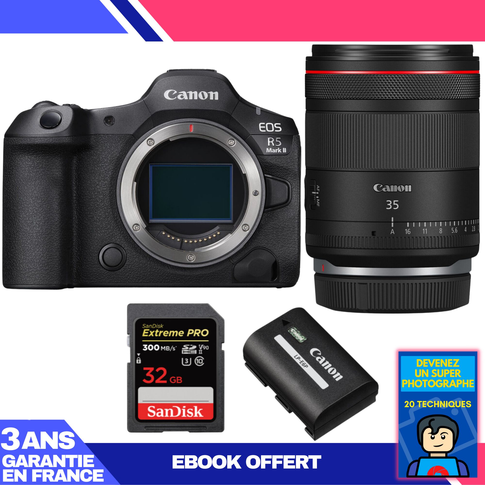 Cámara Canon EOS R5 Mark II con lente RF 35 mm f/1.4 L VCM + tarjeta SD SanDisk de 32 GB Extreme PRO + batería Canon LP-E6P + ebook 'Conviértete en un fotógrafo súper'